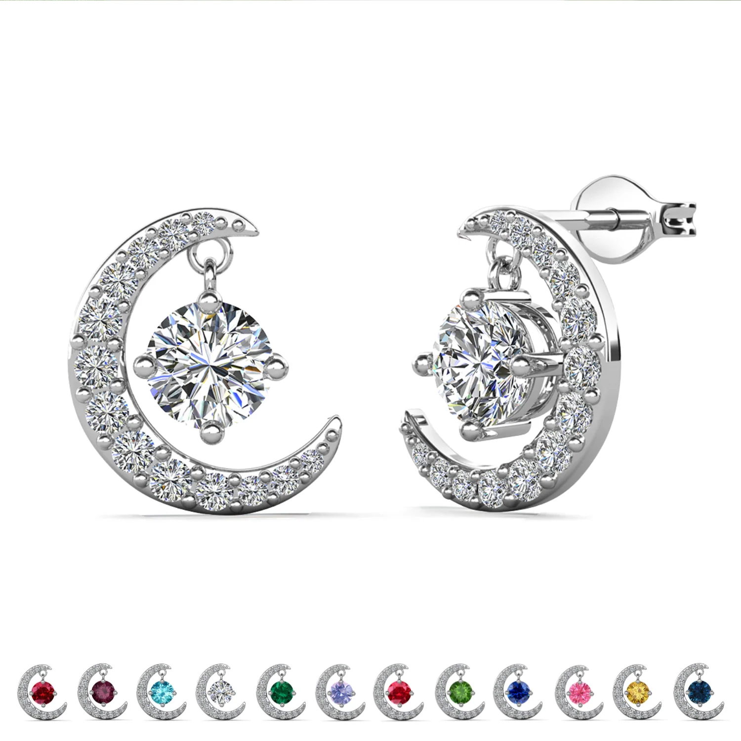 Luna Birthstone 18k White Gold Plated Crescent Stud Earrings with Round Cut Swarovski Crystals - Image 17