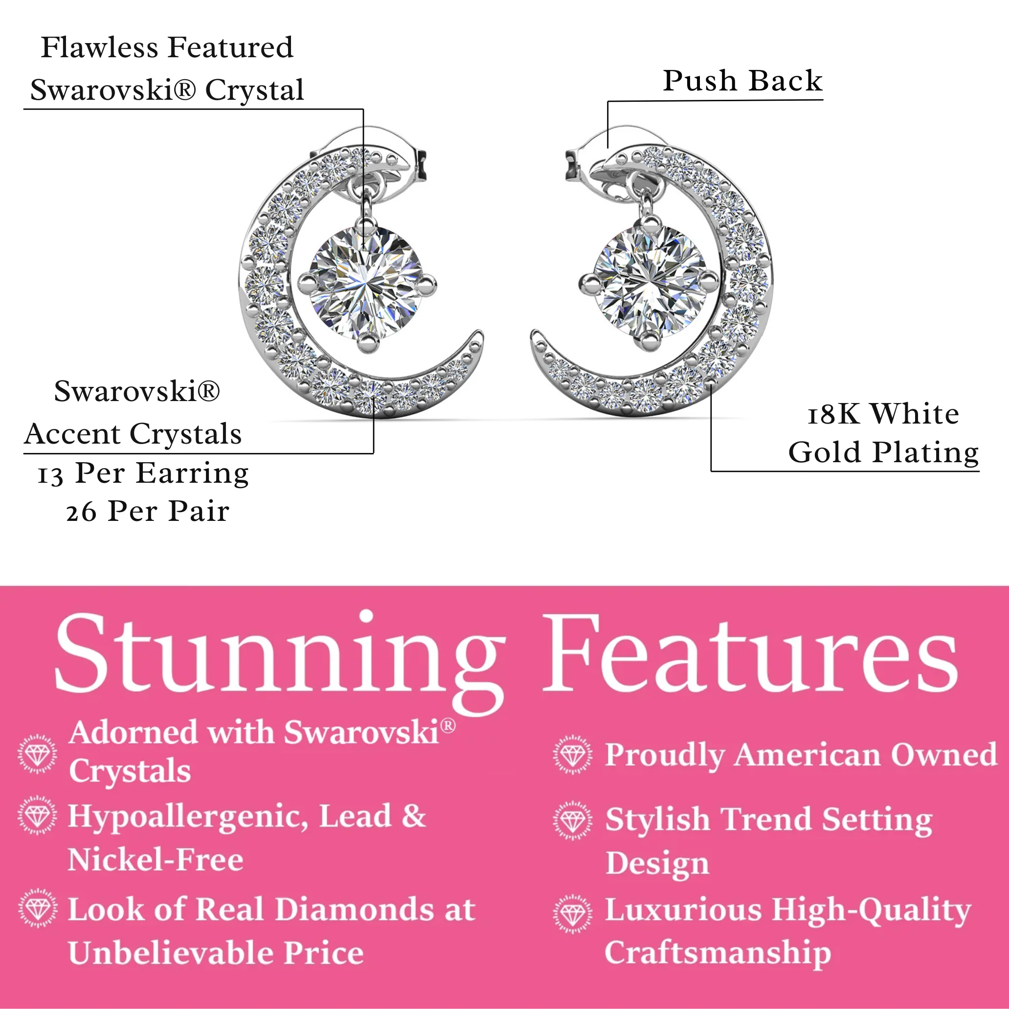Luna Birthstone 18k White Gold Plated Crescent Stud Earrings with Round Cut Swarovski Crystals - Image 18