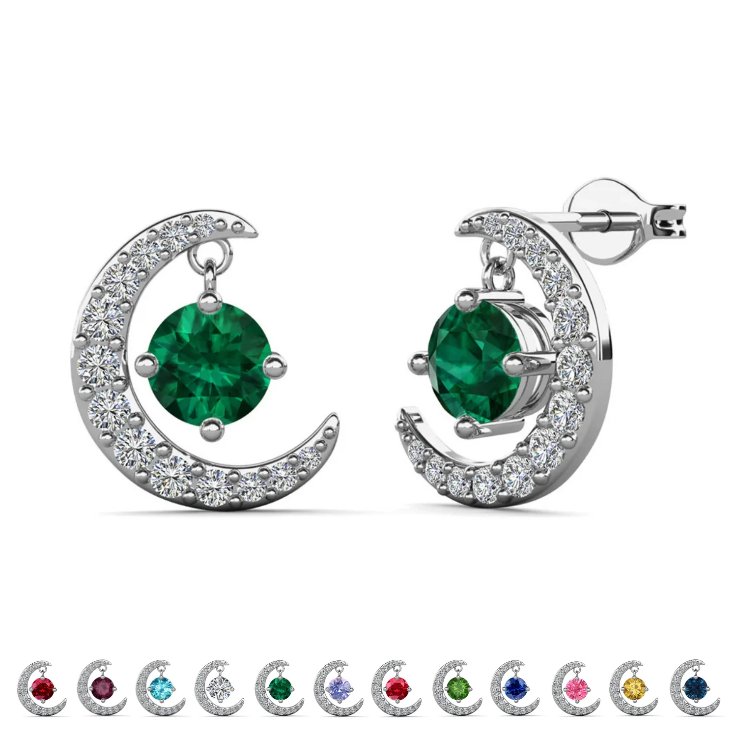 Luna Birthstone 18k White Gold Plated Crescent Stud Earrings with Round Cut Swarovski Crystals - Image 21