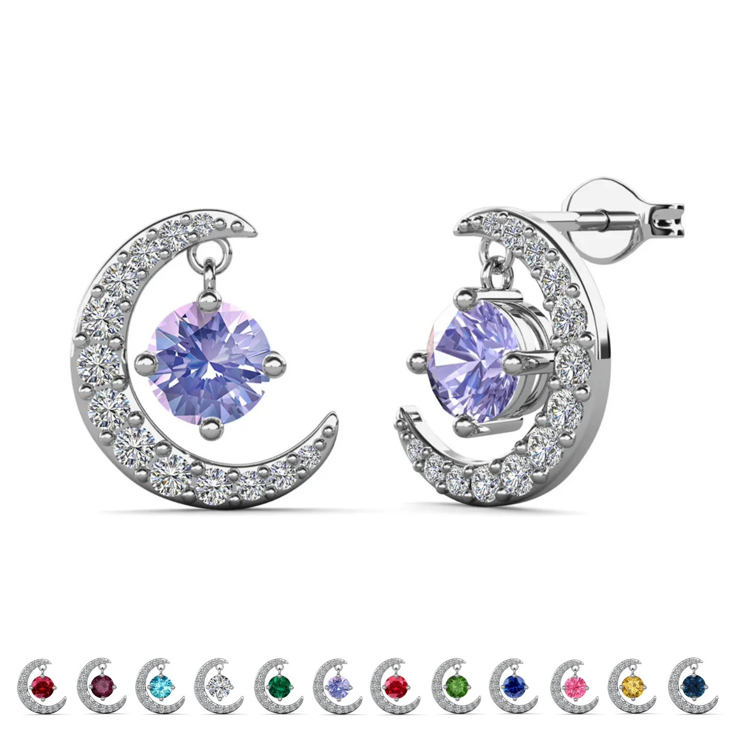 Luna Birthstone 18k White Gold Plated Crescent Stud Earrings with Round Cut Swarovski Crystals - Image 25