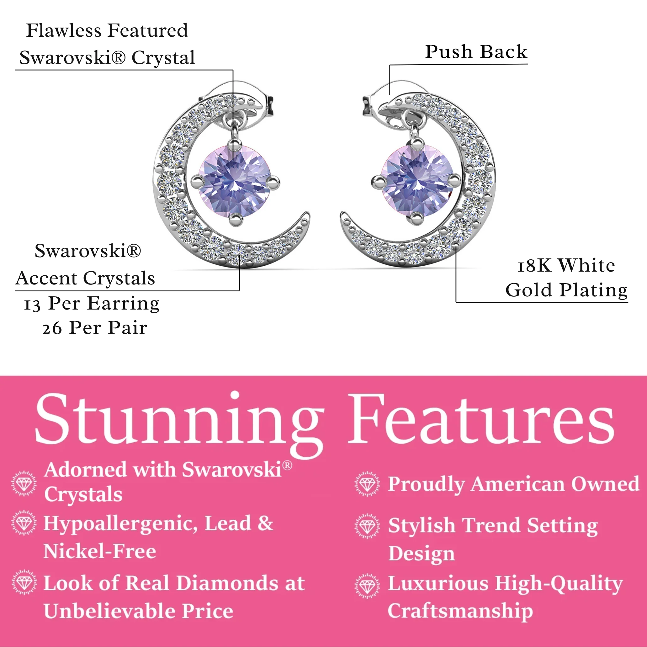 Luna Birthstone 18k White Gold Plated Crescent Stud Earrings with Round Cut Swarovski Crystals - Image 26