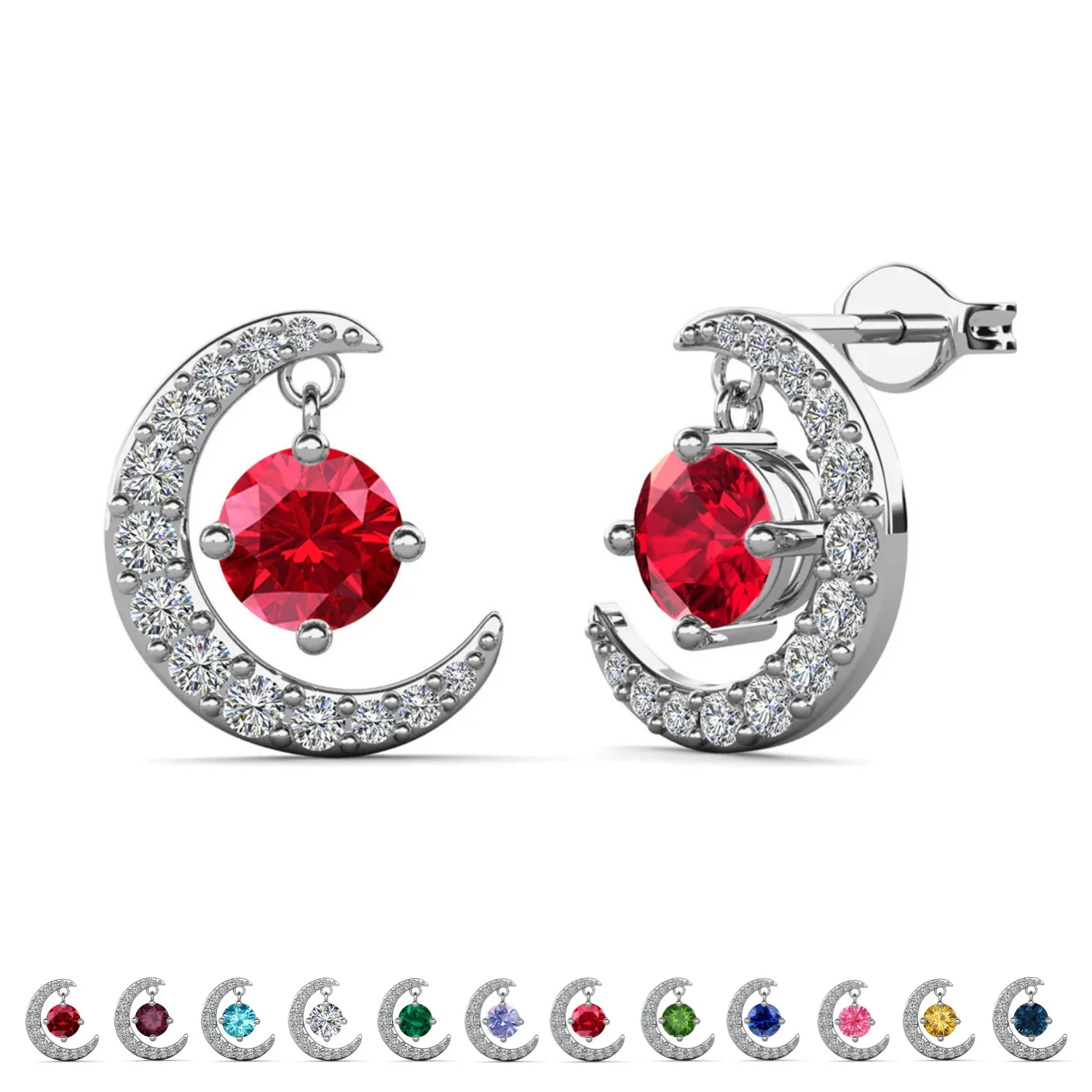 Luna Birthstone 18k White Gold Plated Crescent Stud Earrings with Round Cut Swarovski Crystals - Image 29