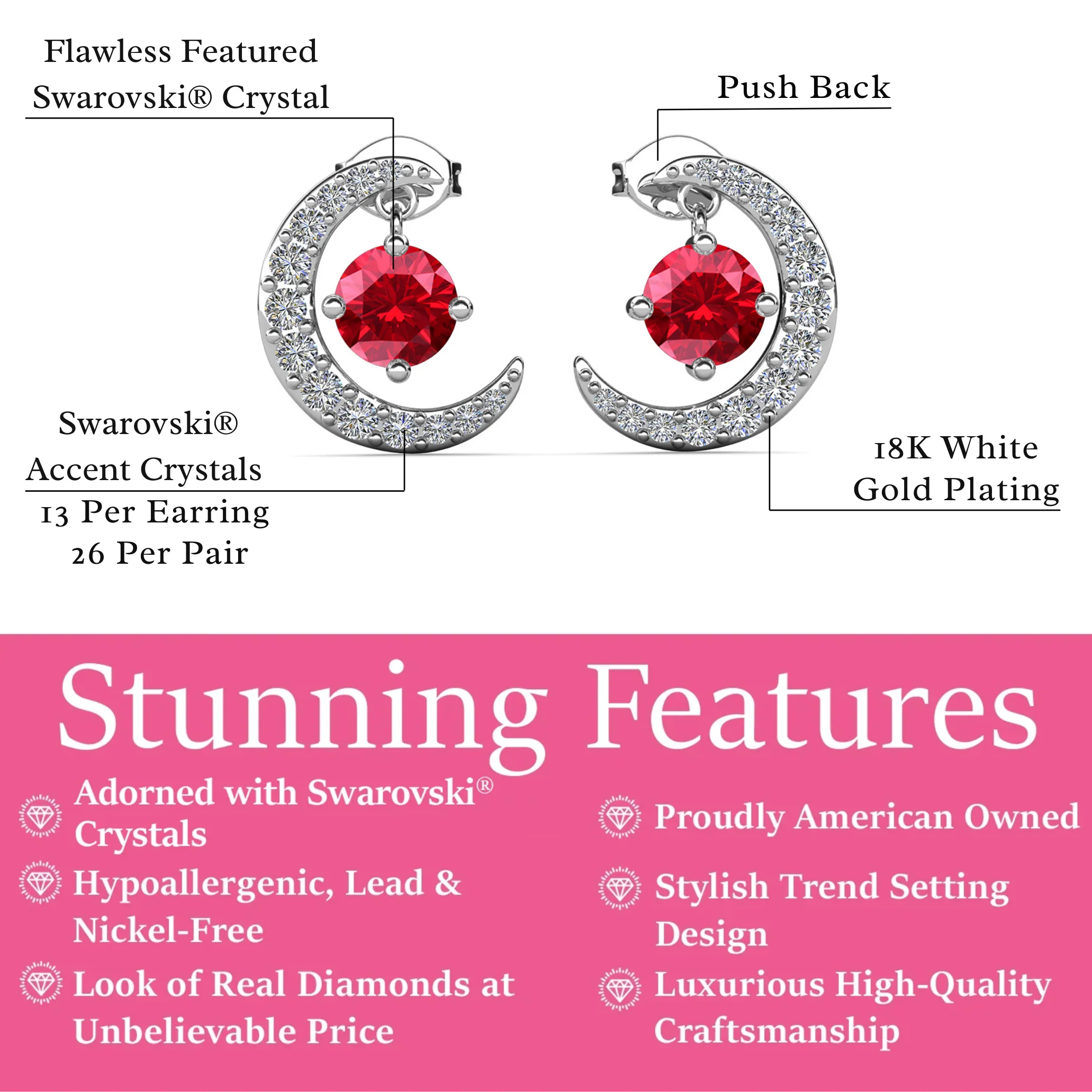Luna Birthstone 18k White Gold Plated Crescent Stud Earrings with Round Cut Swarovski Crystals - Image 30