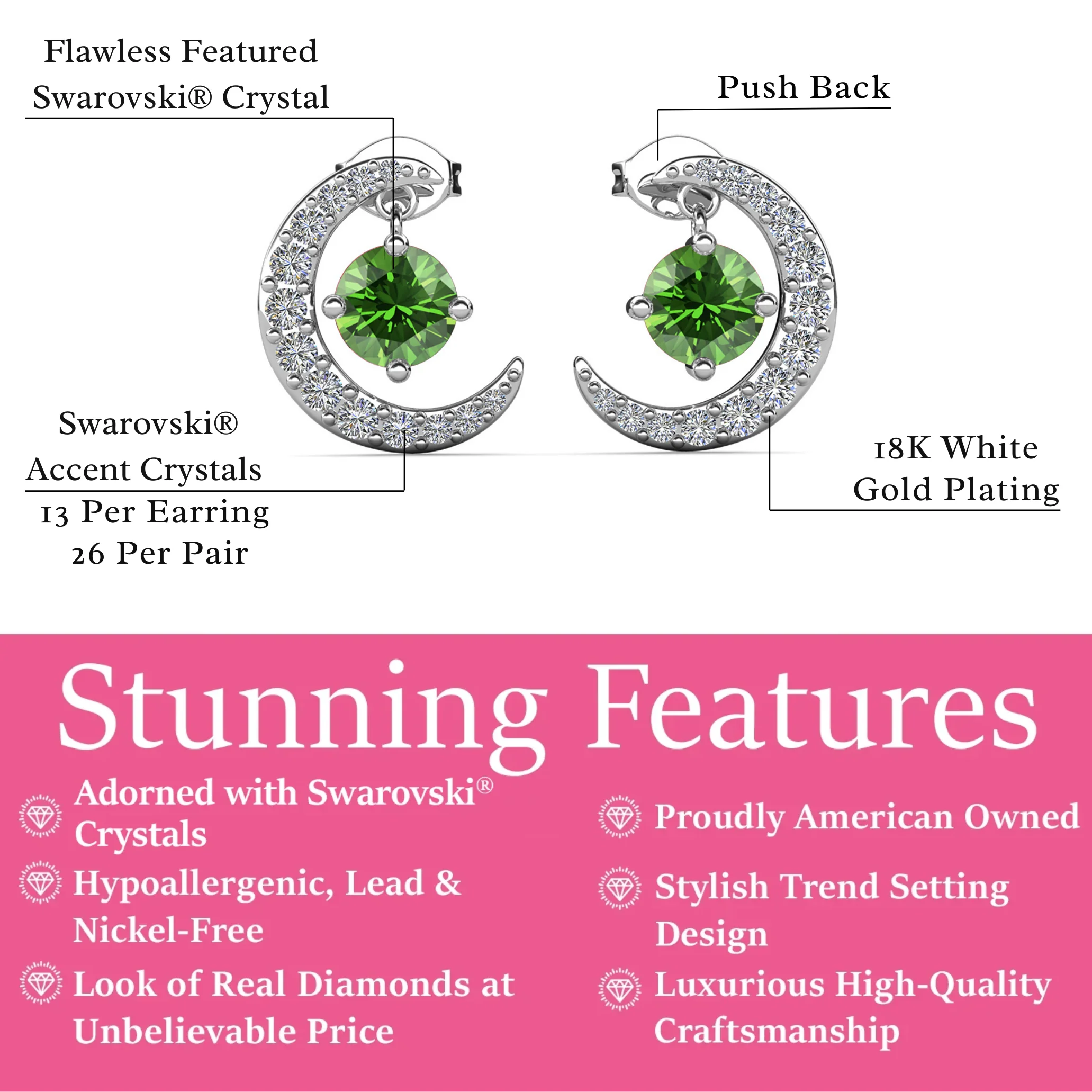 Luna Birthstone 18k White Gold Plated Crescent Stud Earrings with Round Cut Swarovski Crystals - Image 34