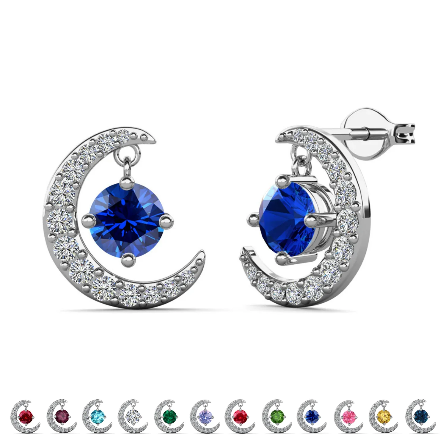 Luna Birthstone 18k White Gold Plated Crescent Stud Earrings with Round Cut Swarovski Crystals - Image 37