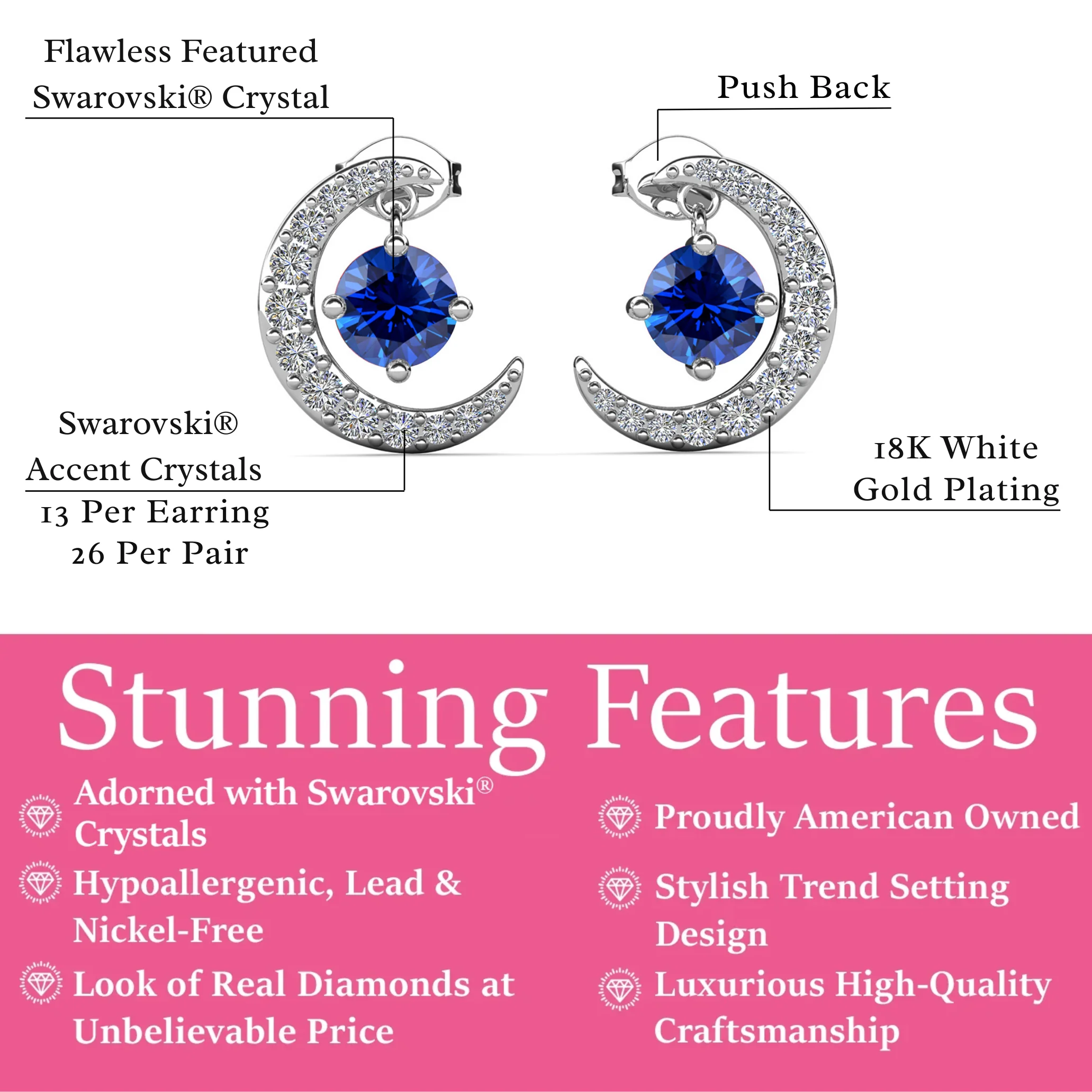 Luna Birthstone 18k White Gold Plated Crescent Stud Earrings with Round Cut Swarovski Crystals - Image 38
