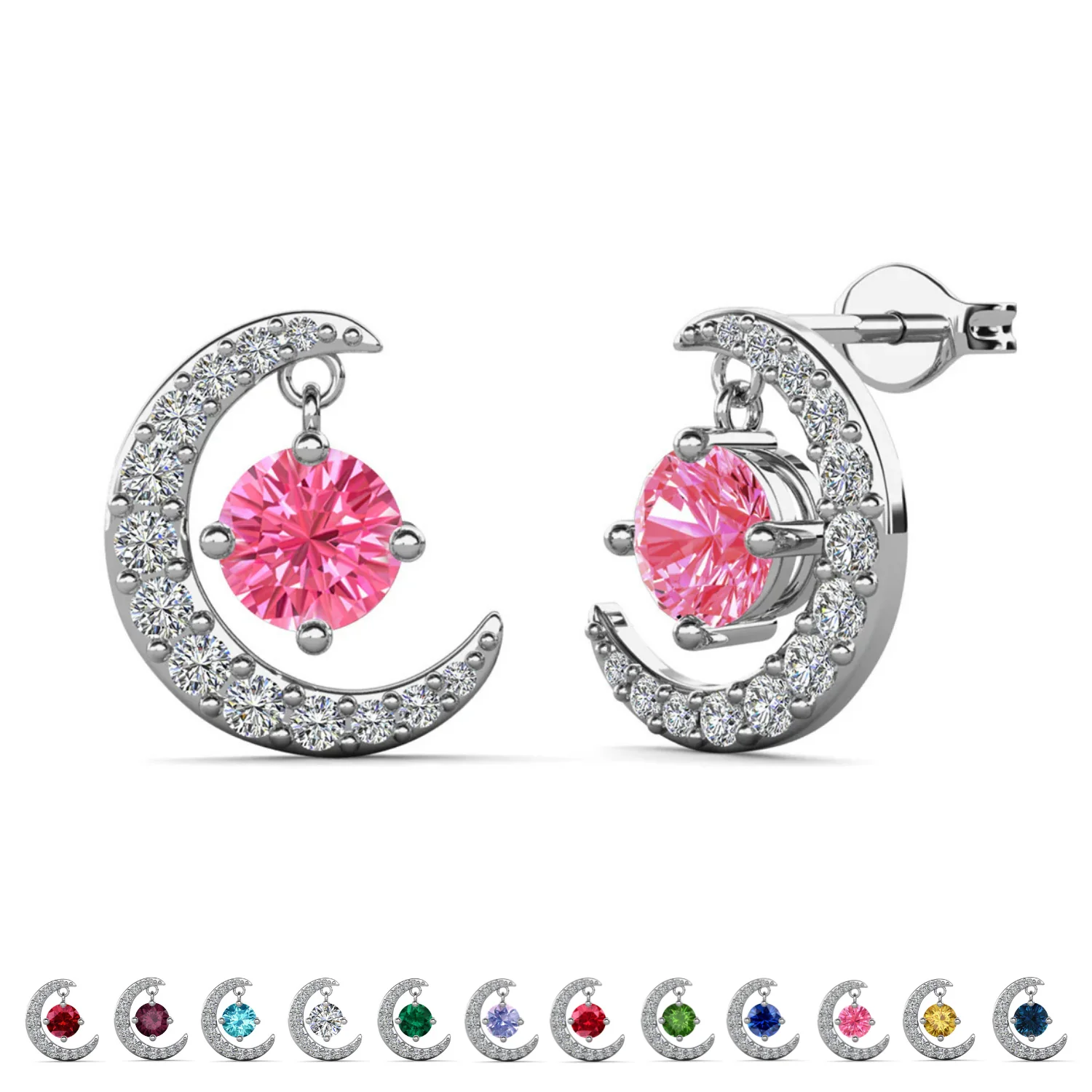 Luna Birthstone 18k White Gold Plated Crescent Stud Earrings with Round Cut Swarovski Crystals - Image 41