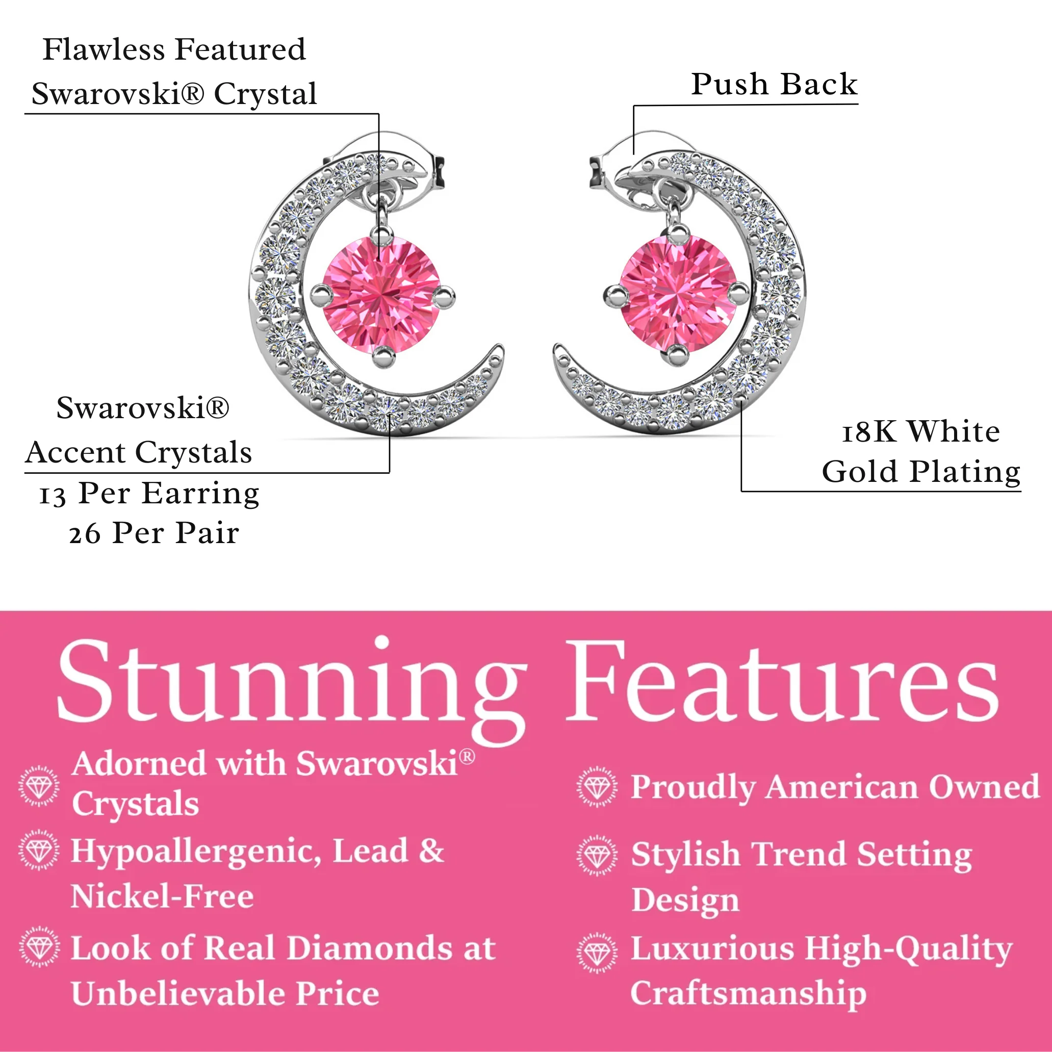 Luna Birthstone 18k White Gold Plated Crescent Stud Earrings with Round Cut Swarovski Crystals - Image 42
