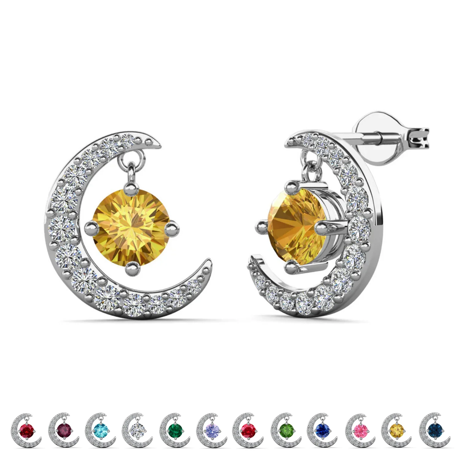 Luna Birthstone 18k White Gold Plated Crescent Stud Earrings with Round Cut Swarovski Crystals - Image 45