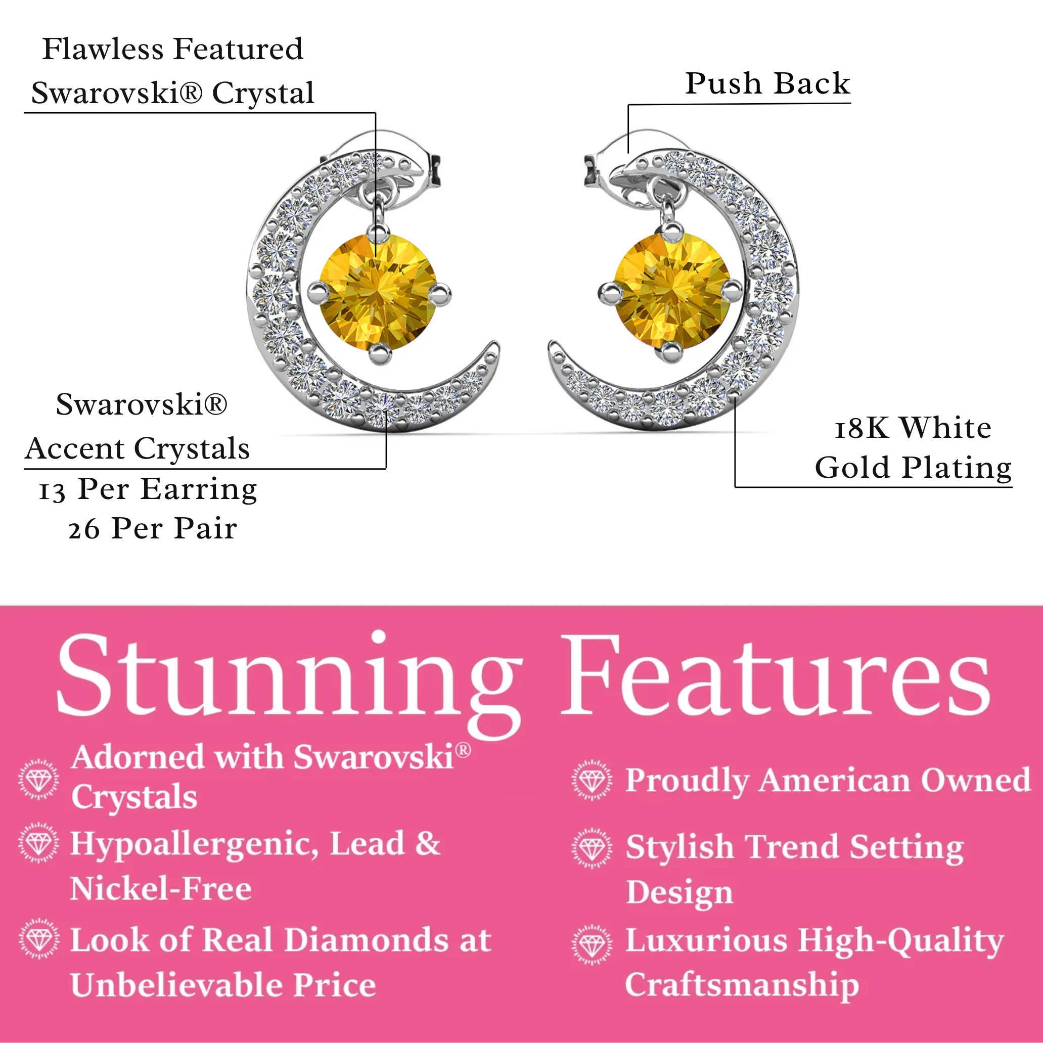 Luna Birthstone 18k White Gold Plated Crescent Stud Earrings with Round Cut Swarovski Crystals - Image 46