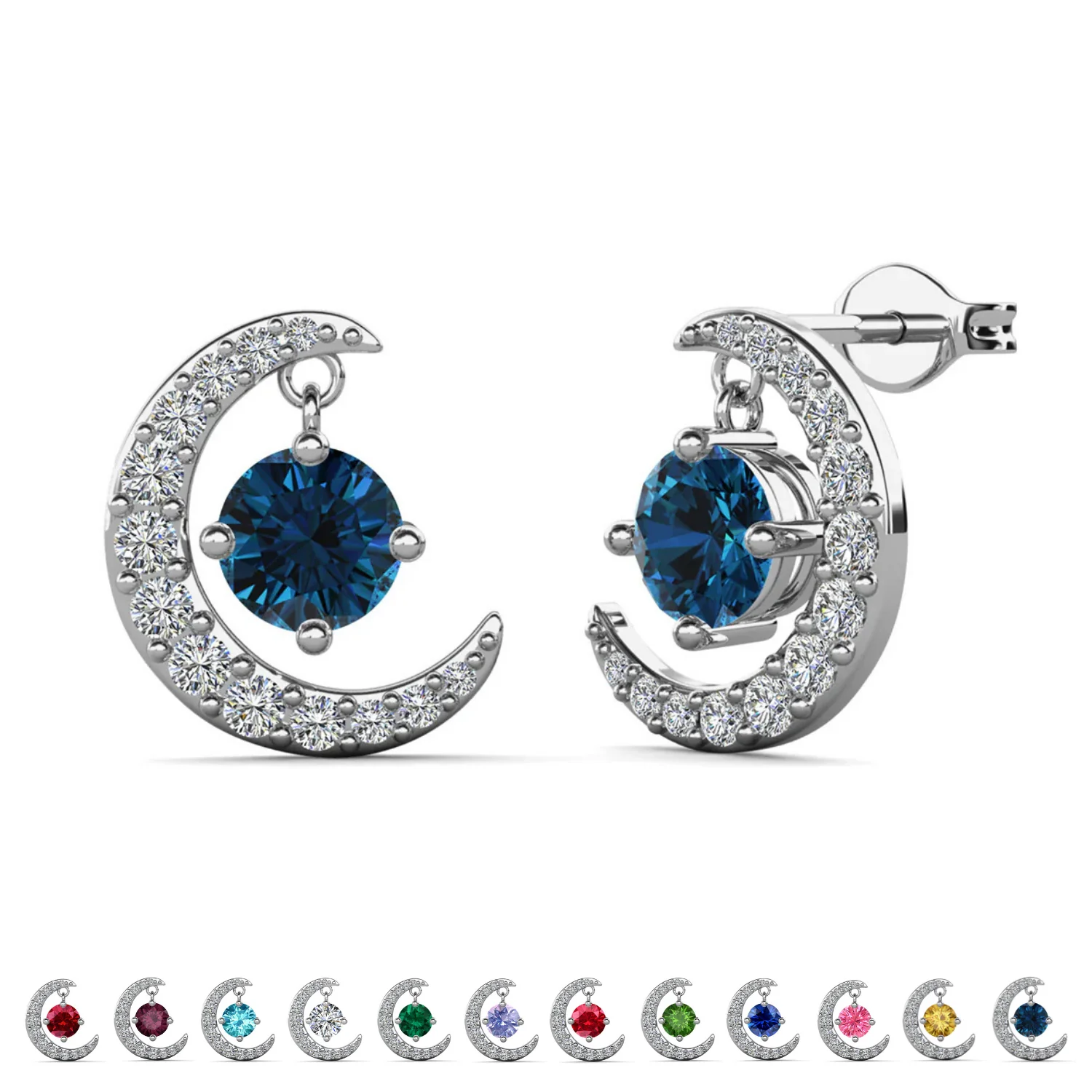 Luna Birthstone 18k White Gold Plated Crescent Stud Earrings with Round Cut Swarovski Crystals - Image 49