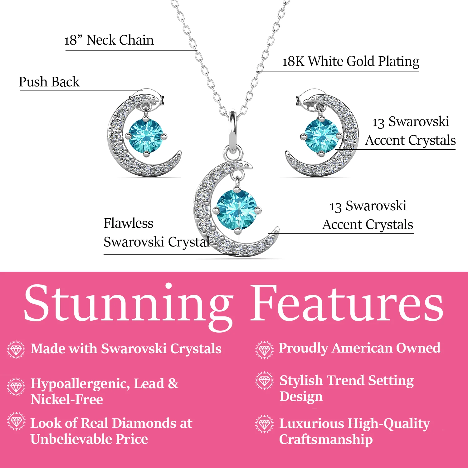 Luna Birthstone 18k White Gold Plated Silver Crescent Earrings and Necklace Set with Swarovski Crystals - Image 10