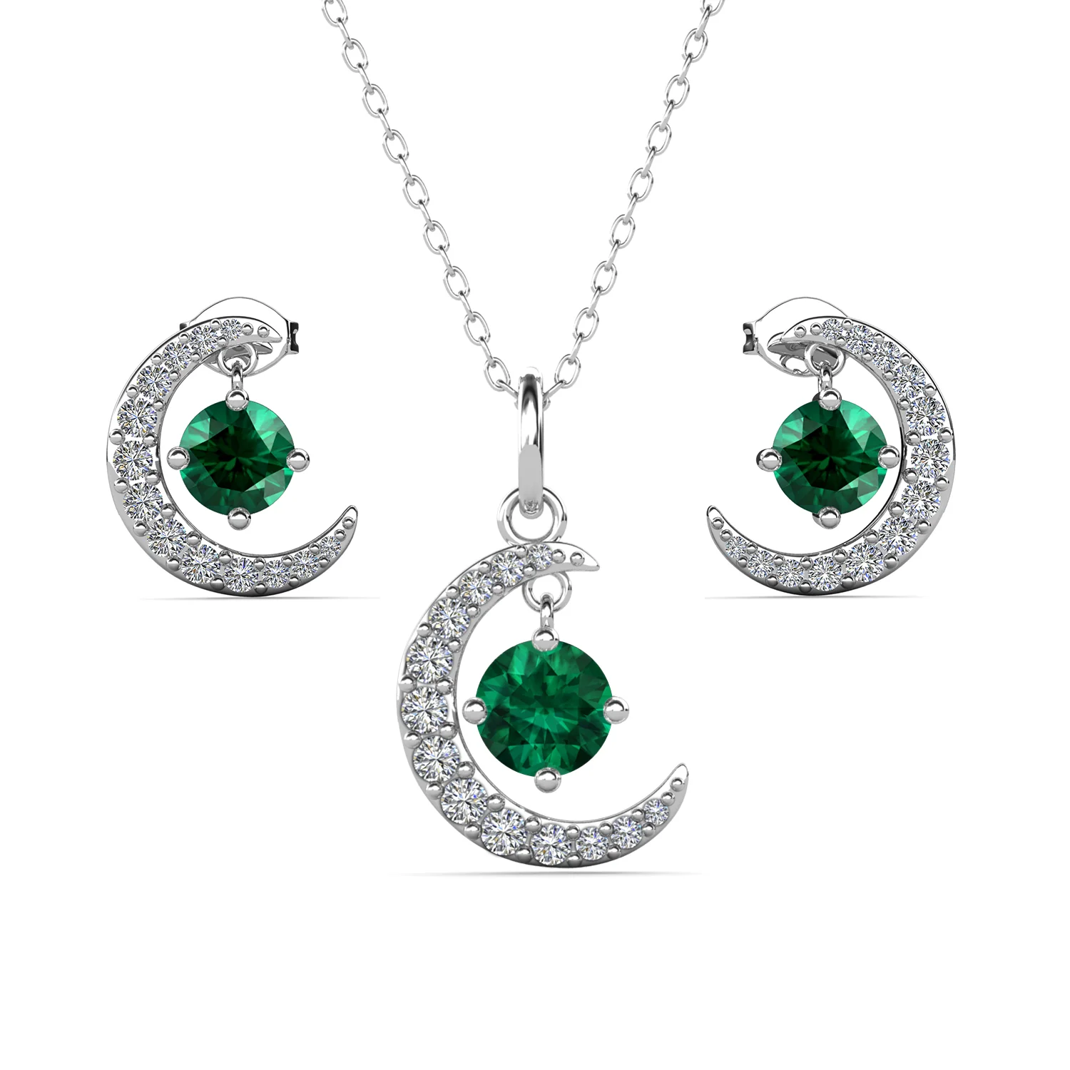 Luna Birthstone 18k White Gold Plated Silver Crescent Earrings and Necklace Set with Swarovski Crystals - Image 13