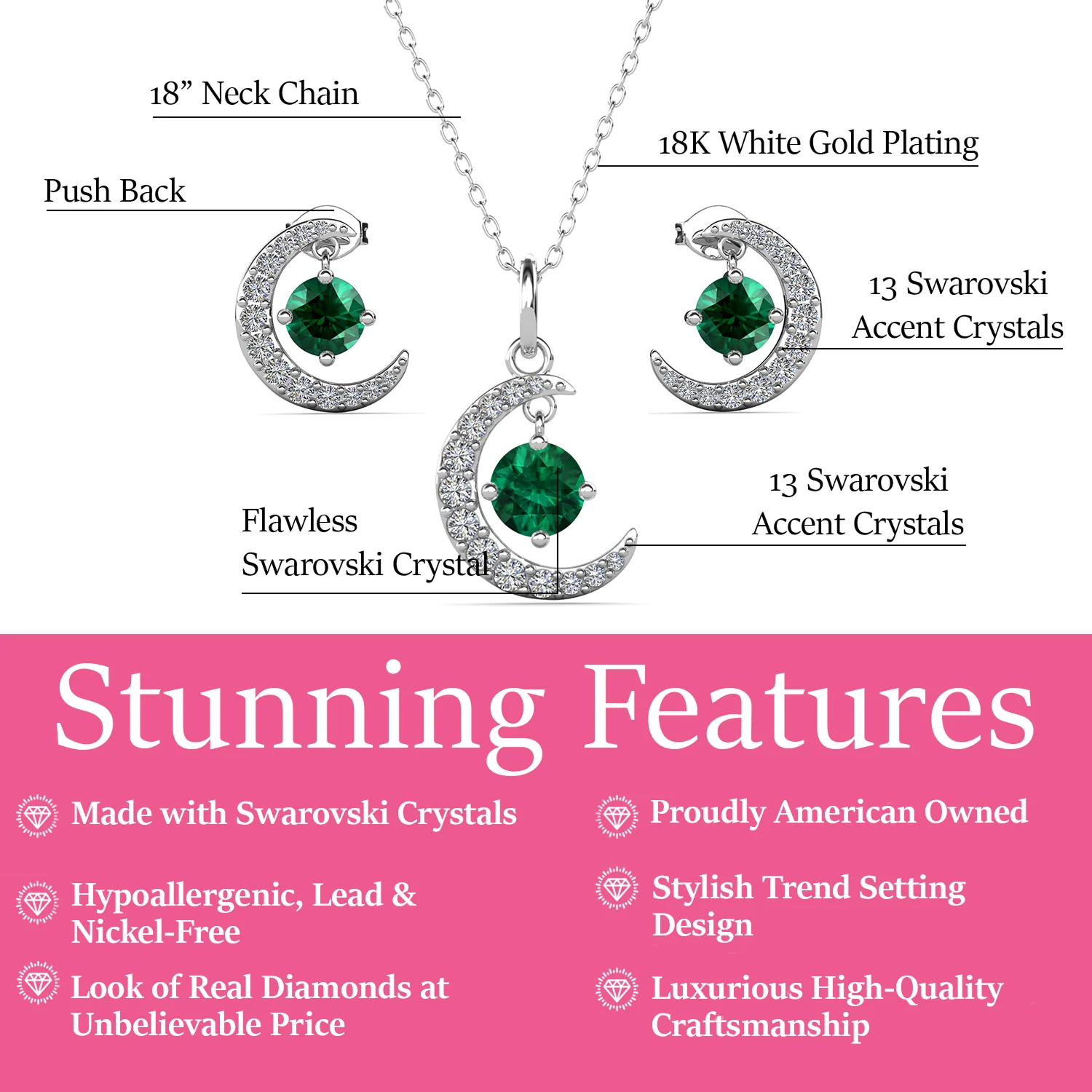 Luna Birthstone 18k White Gold Plated Silver Crescent Earrings and Necklace Set with Swarovski Crystals - Image 14