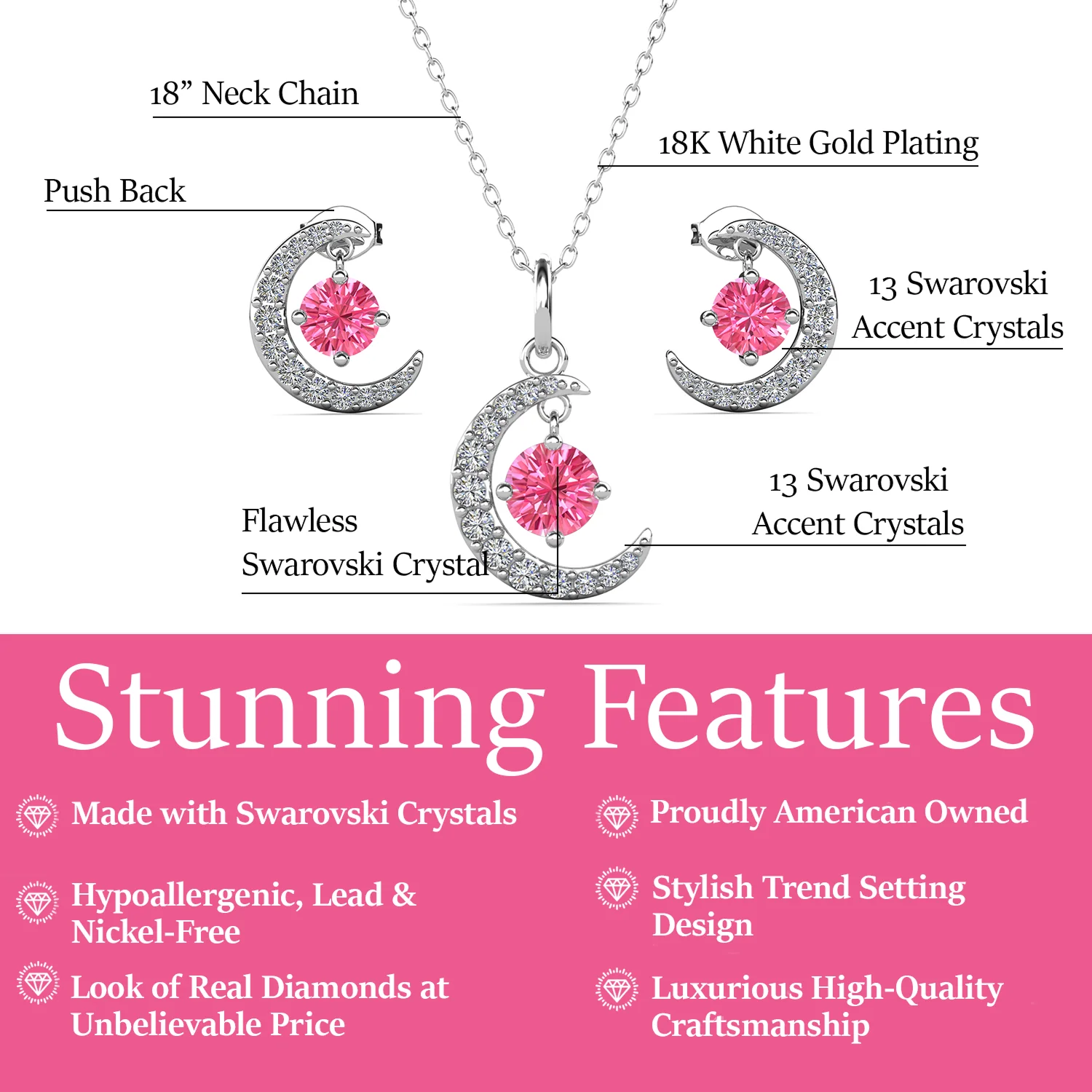 Luna Birthstone 18k White Gold Plated Silver Crescent Earrings and Necklace Set with Swarovski Crystals - Image 24