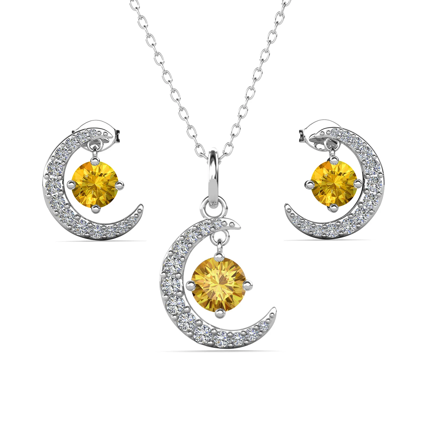 Luna Birthstone 18k White Gold Plated Silver Crescent Earrings and Necklace Set with Swarovski Crystals - Image 25