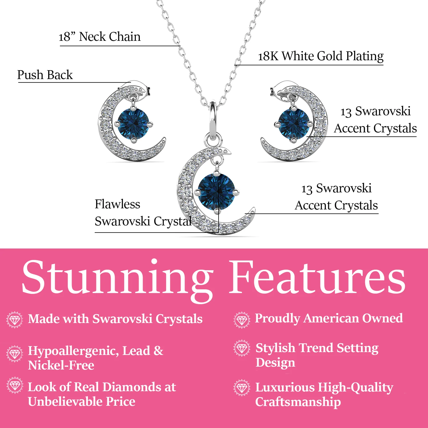 Luna Birthstone 18k White Gold Plated Silver Crescent Earrings and Necklace Set with Swarovski Crystals - Image 28