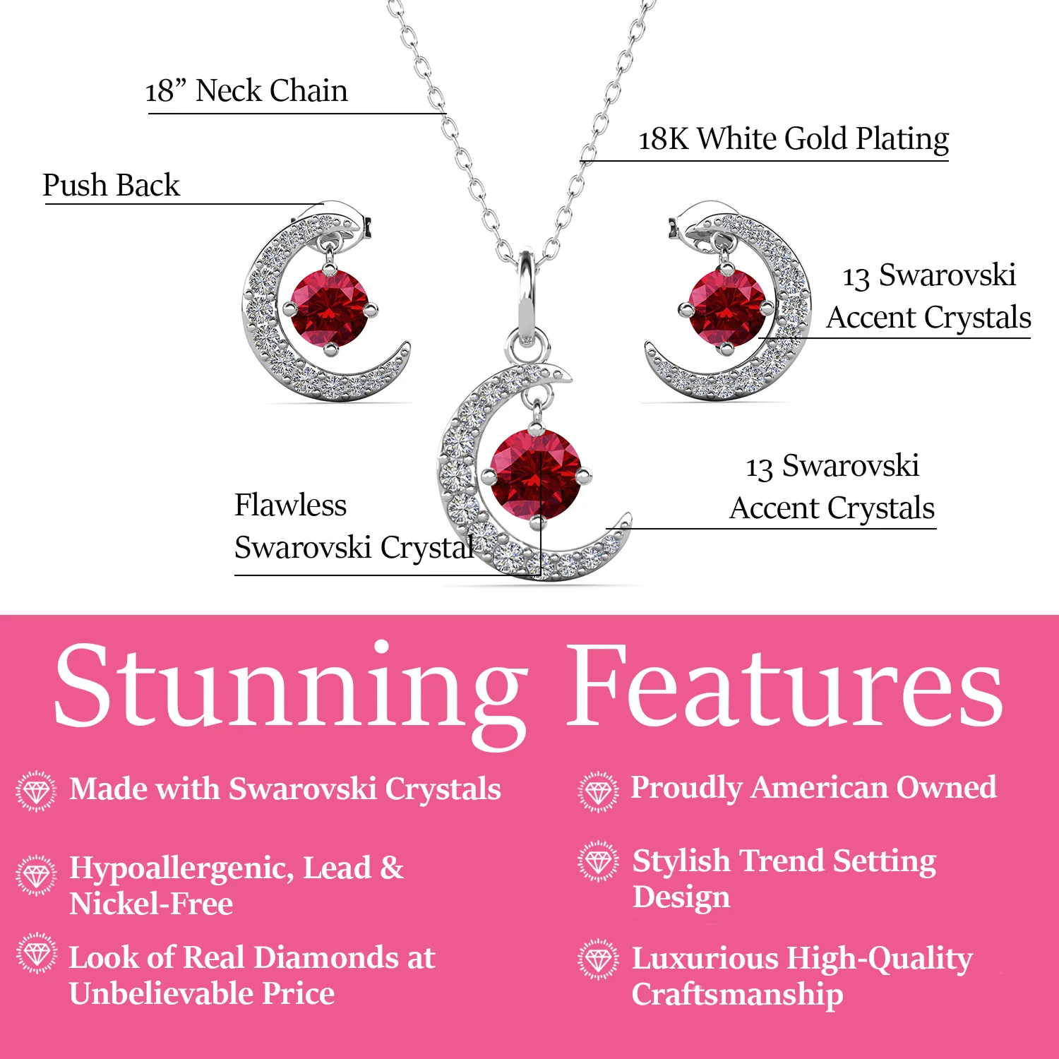 Luna Birthstone 18k White Gold Plated Silver Crescent Earrings and Necklace Set with Swarovski Crystals - Image 3