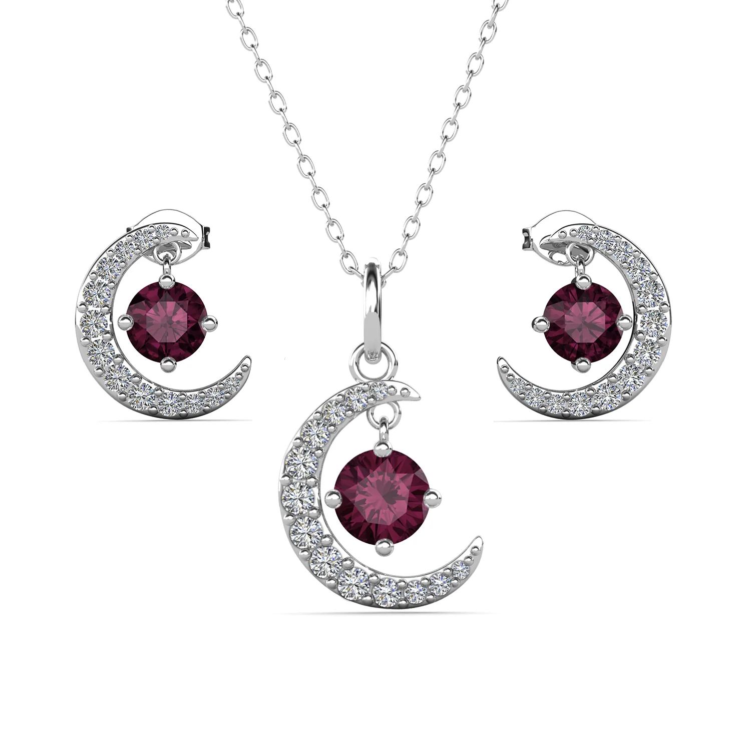 Luna Birthstone 18k White Gold Plated Silver Crescent Earrings and Necklace Set with Swarovski Crystals - Image 7
