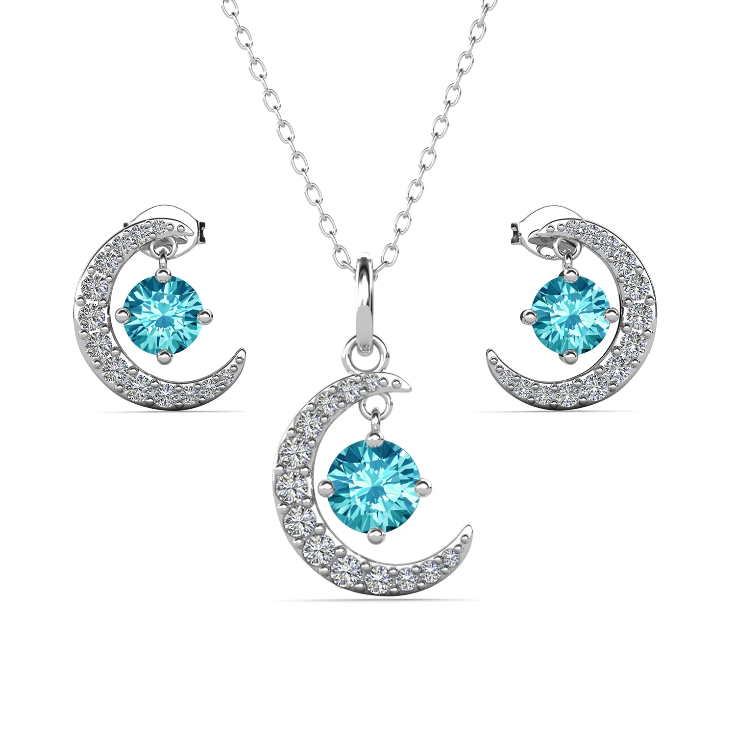Luna Birthstone 18k White Gold Plated Silver Crescent Earrings and Necklace Set with Swarovski Crystals - Image 9