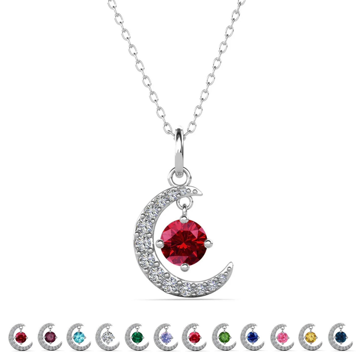 Luna Birthstone Necklace 18k White Gold Plated Crescent Pendant Necklace with Round Cut Swarovski Crystals