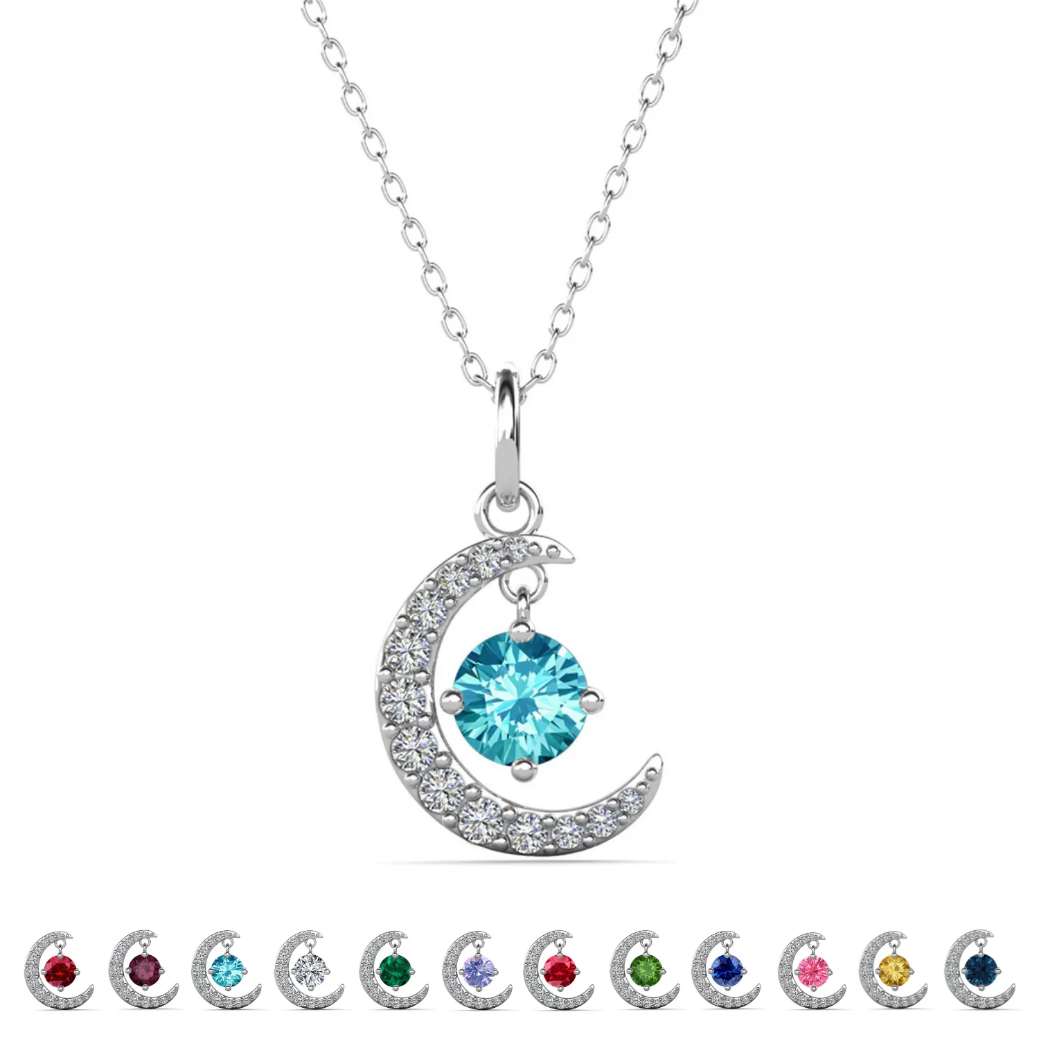 Luna Birthstone Necklace 18k White Gold Plated Crescent Pendant Necklace with Round Cut Swarovski Crystals - Image 11