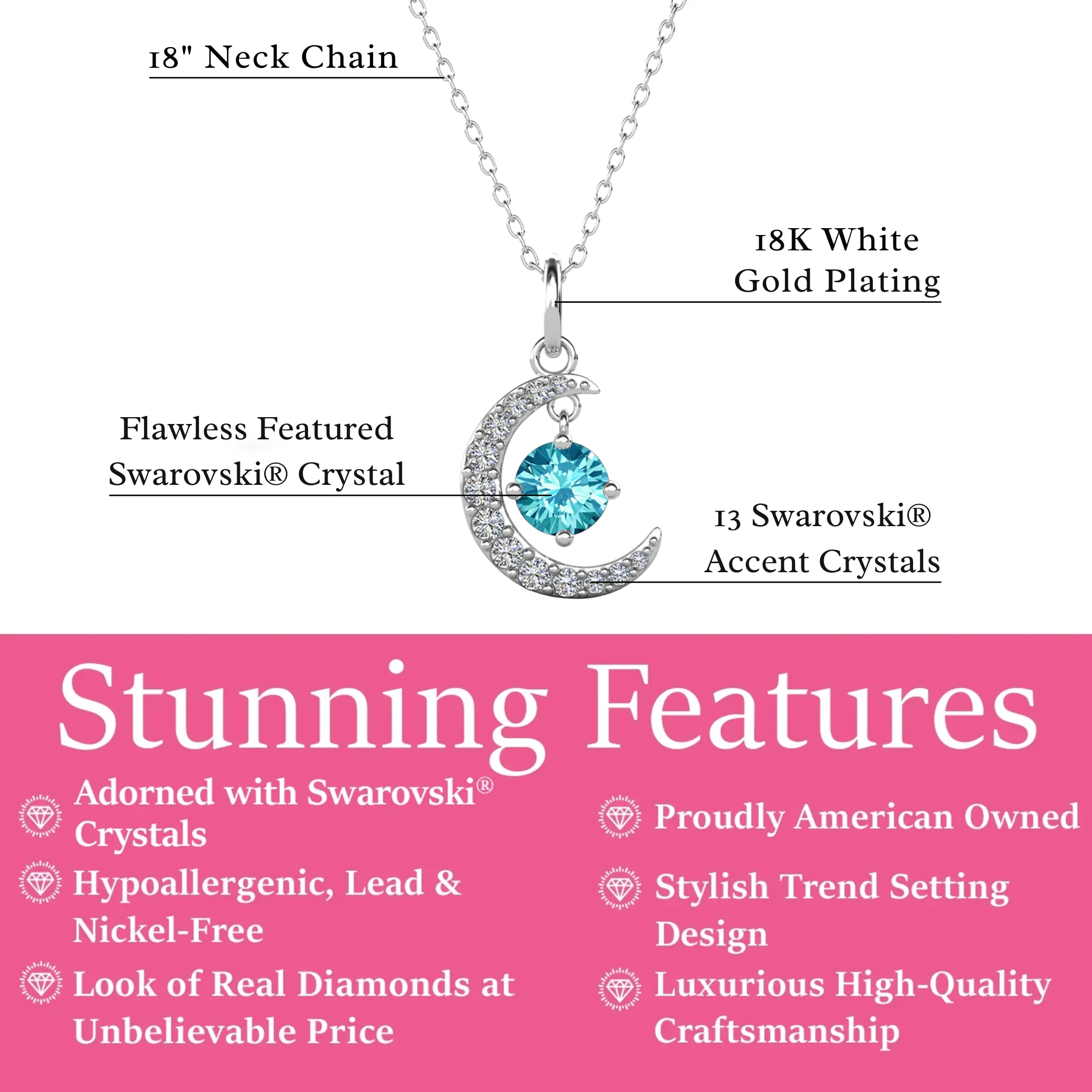 Luna Birthstone Necklace 18k White Gold Plated Crescent Pendant Necklace with Round Cut Swarovski Crystals - Image 12
