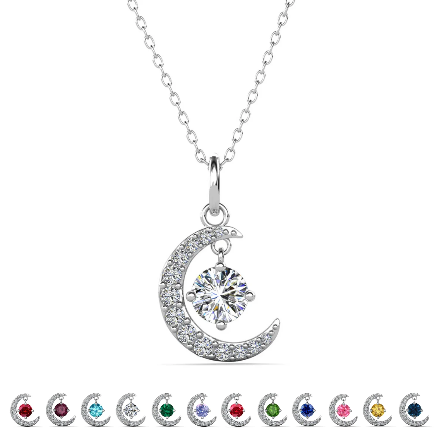 Luna Birthstone Necklace 18k White Gold Plated Crescent Pendant Necklace with Round Cut Swarovski Crystals - Image 14