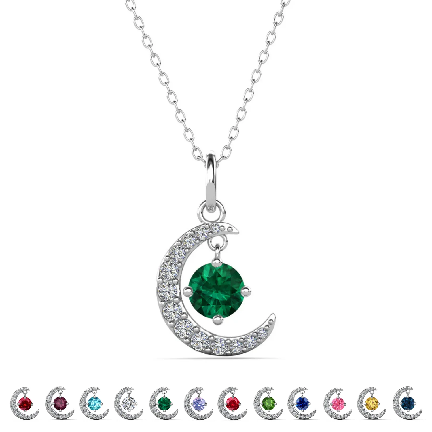 Luna Birthstone Necklace 18k White Gold Plated Crescent Pendant Necklace with Round Cut Swarovski Crystals - Image 17