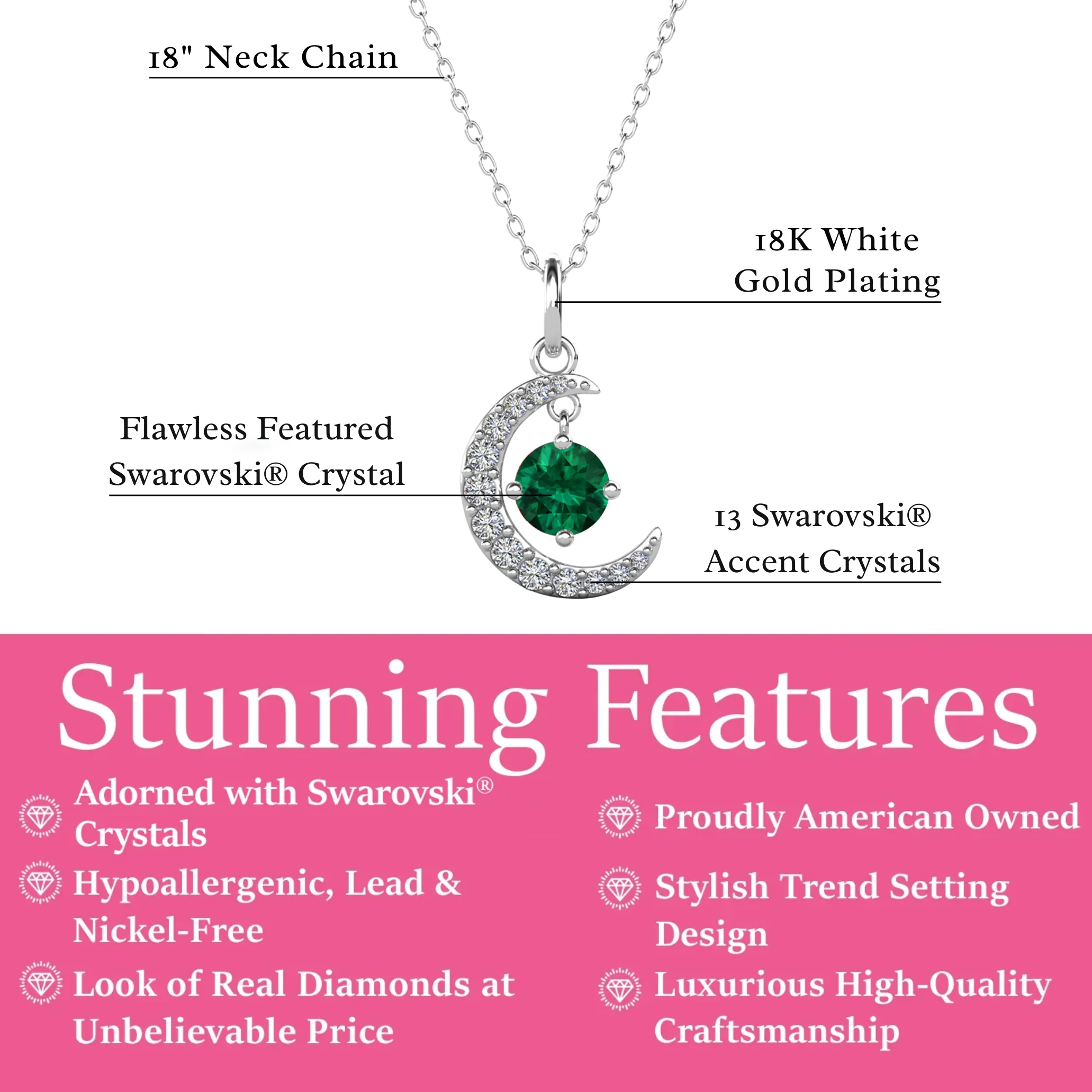 Luna Birthstone Necklace 18k White Gold Plated Crescent Pendant Necklace with Round Cut Swarovski Crystals - Image 18