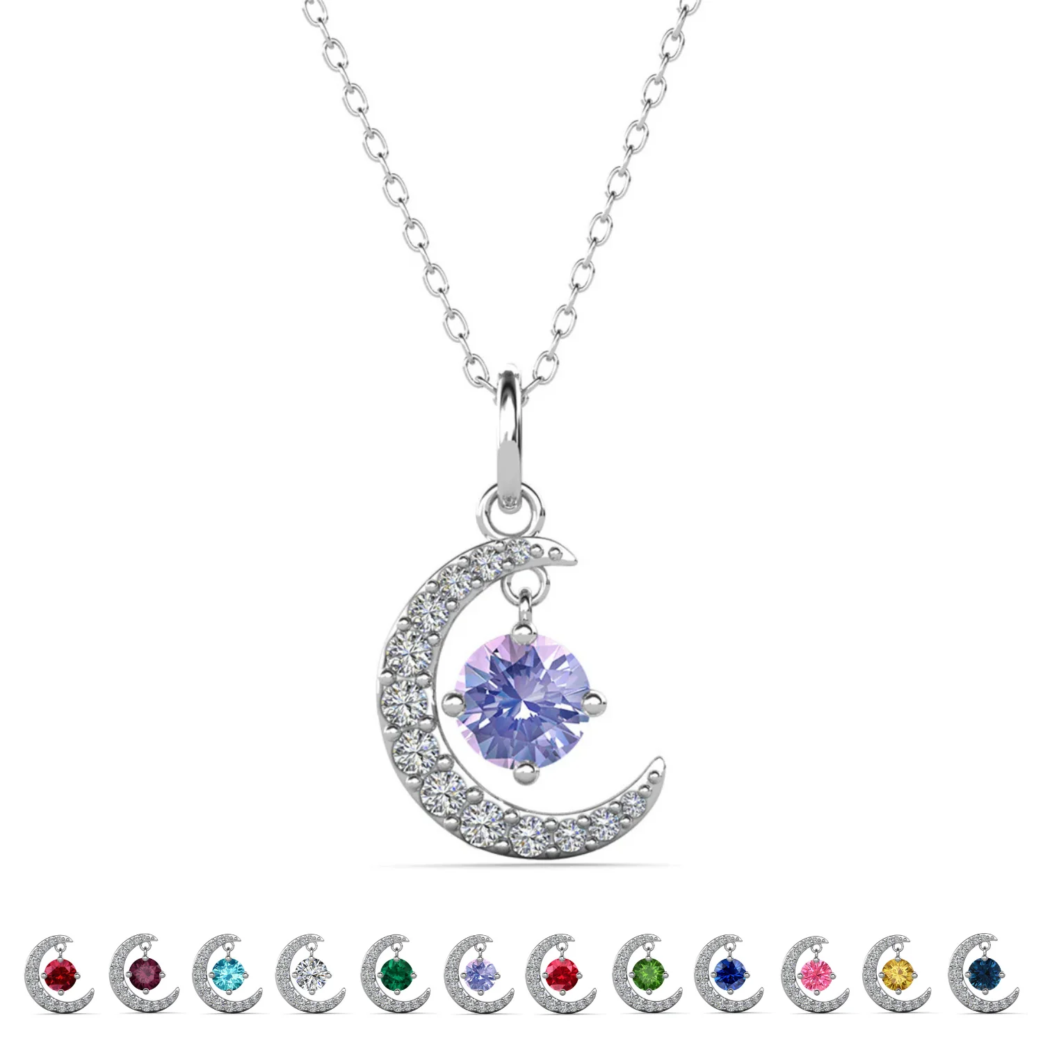 Luna Birthstone Necklace 18k White Gold Plated Crescent Pendant Necklace with Round Cut Swarovski Crystals - Image 20