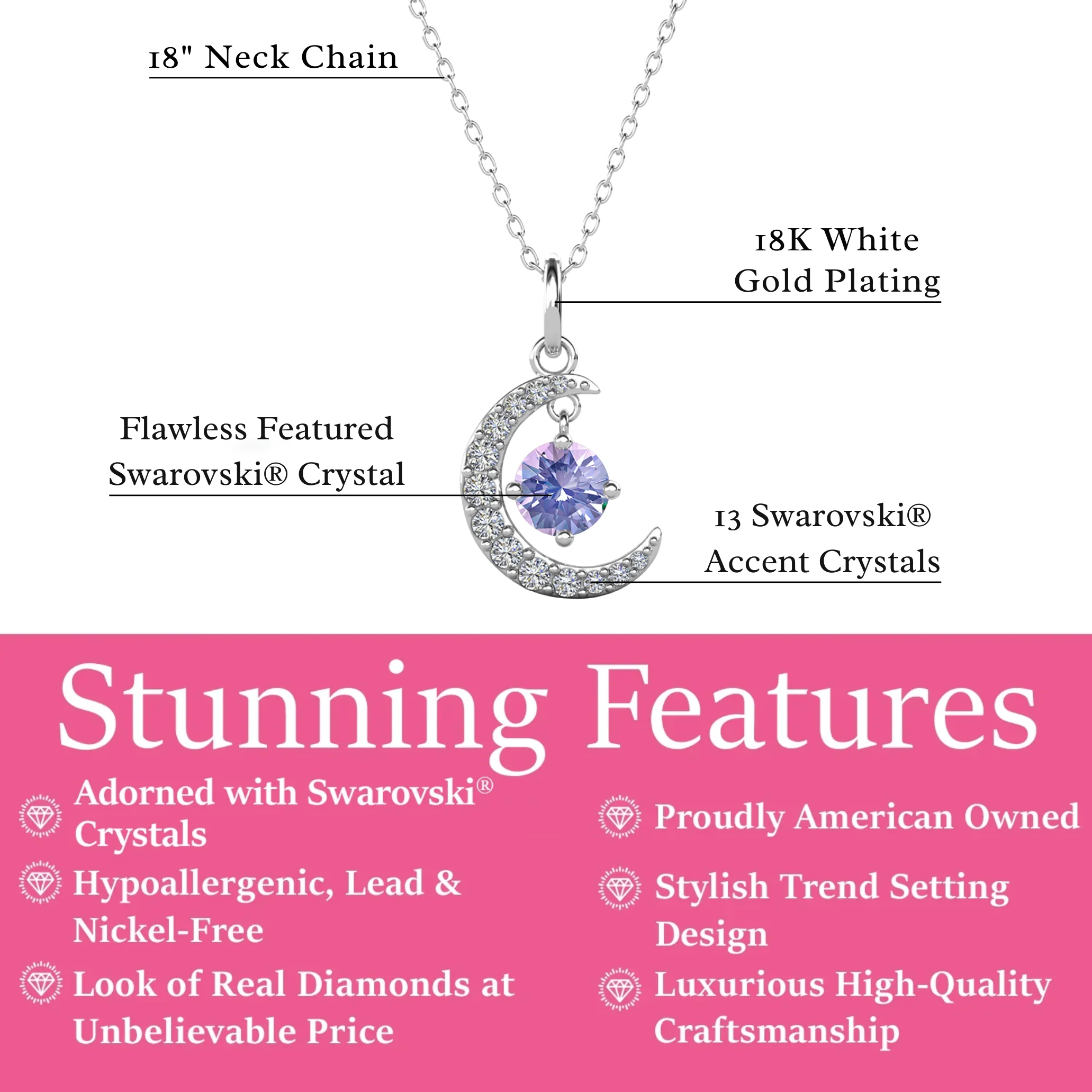 Luna Birthstone Necklace 18k White Gold Plated Crescent Pendant Necklace with Round Cut Swarovski Crystals - Image 21