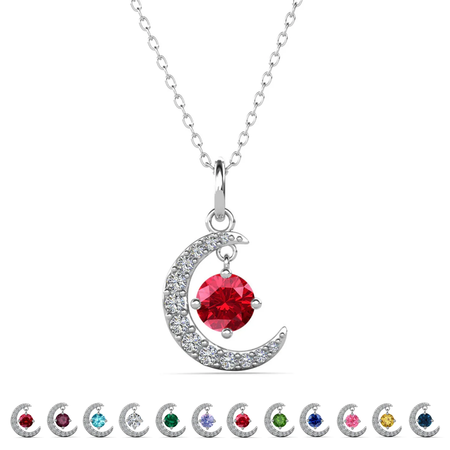 Luna Birthstone Necklace 18k White Gold Plated Crescent Pendant Necklace with Round Cut Swarovski Crystals - Image 23
