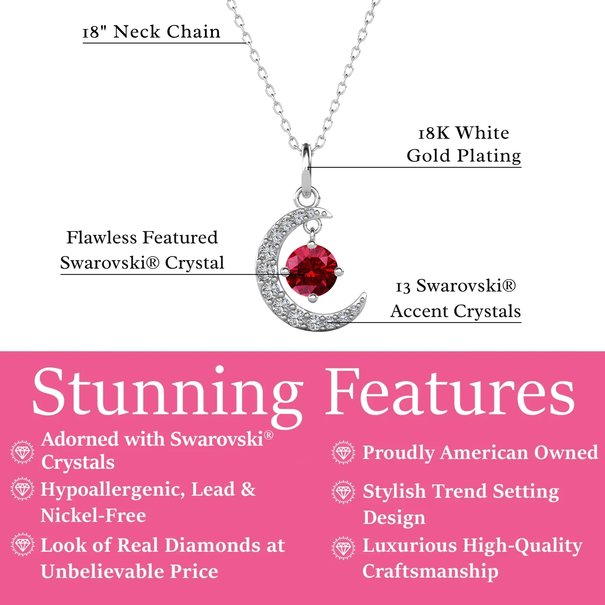 Luna Birthstone Necklace 18k White Gold Plated Crescent Pendant Necklace with Round Cut Swarovski Crystals - Image 3