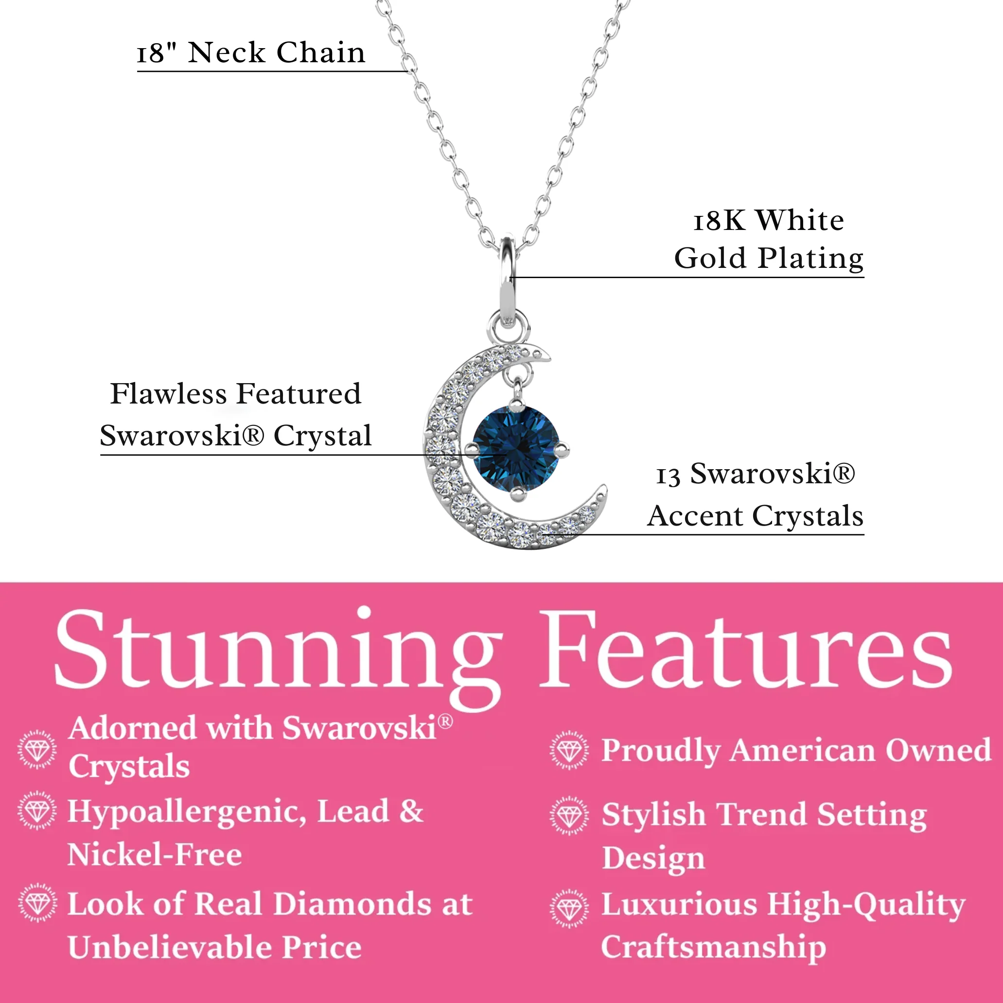Luna Birthstone Necklace 18k White Gold Plated Crescent Pendant Necklace with Round Cut Swarovski Crystals - Image 30
