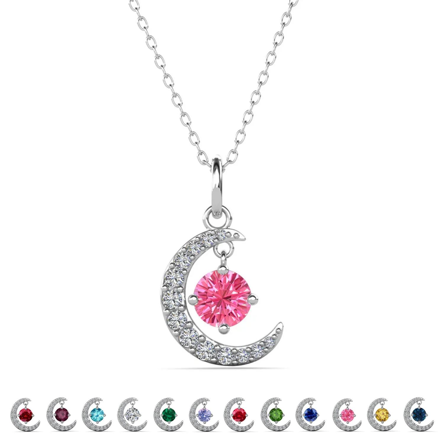 Luna Birthstone Necklace 18k White Gold Plated Crescent Pendant Necklace with Round Cut Swarovski Crystals - Image 32