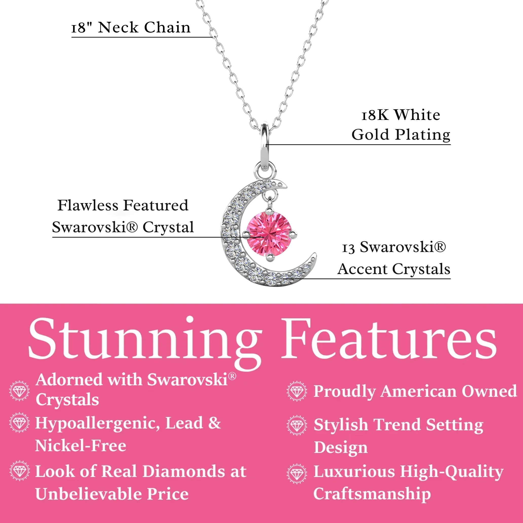 Luna Birthstone Necklace 18k White Gold Plated Crescent Pendant Necklace with Round Cut Swarovski Crystals - Image 33