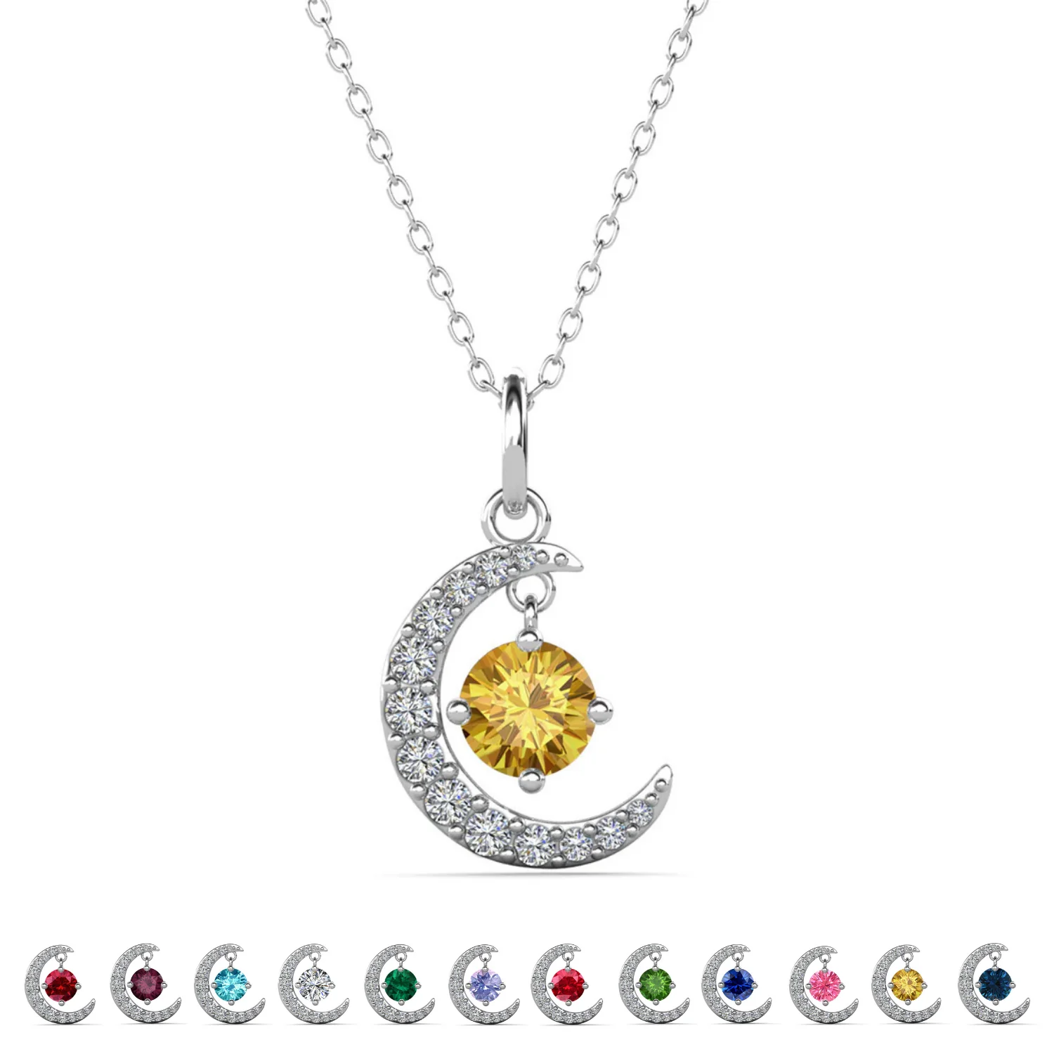 Luna Birthstone Necklace 18k White Gold Plated Crescent Pendant Necklace with Round Cut Swarovski Crystals - Image 35