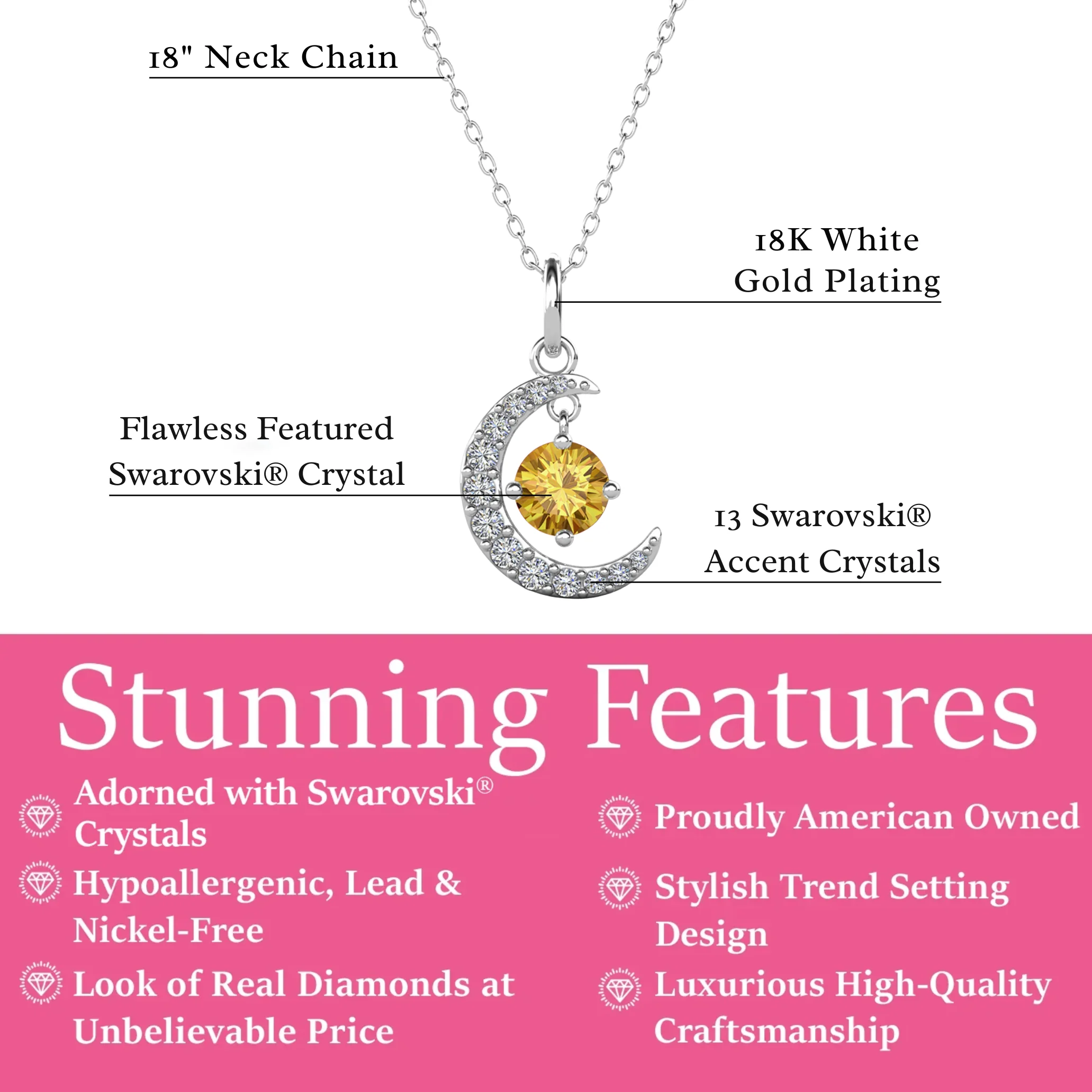 Luna Birthstone Necklace 18k White Gold Plated Crescent Pendant Necklace with Round Cut Swarovski Crystals - Image 36