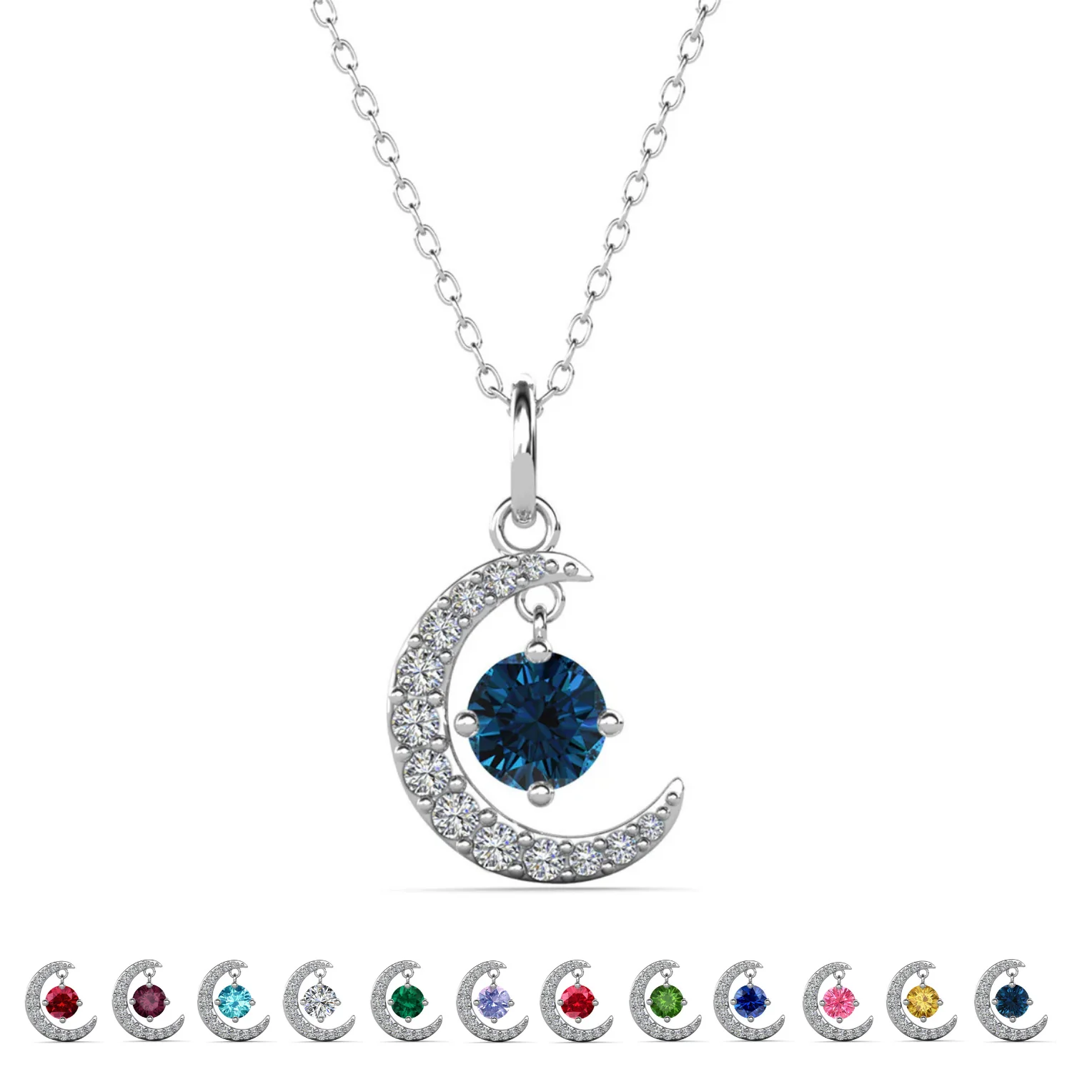 Luna Birthstone Necklace 18k White Gold Plated Crescent Pendant Necklace with Round Cut Swarovski Crystals - Image 38