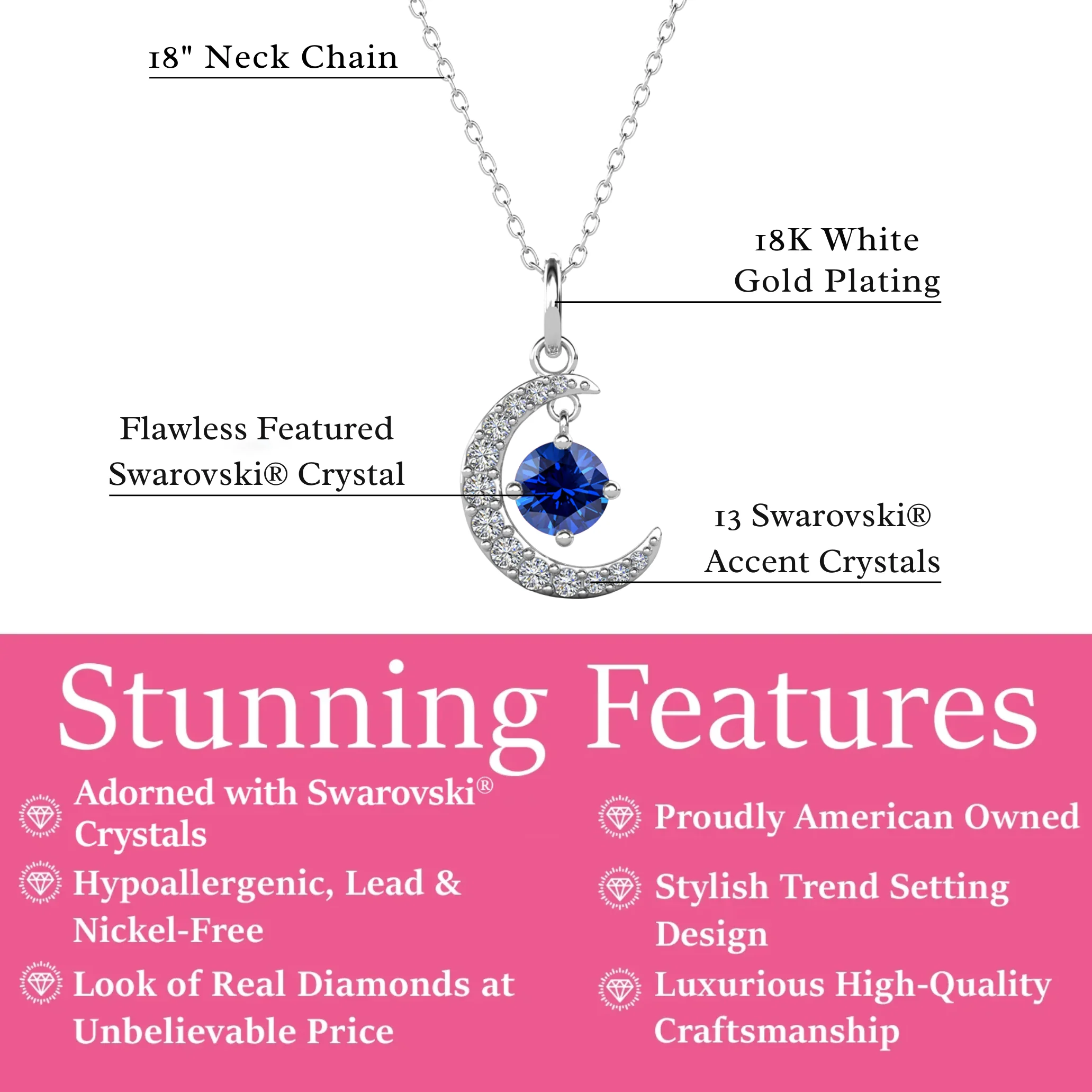 Luna Birthstone Necklace 18k White Gold Plated Crescent Pendant Necklace with Round Cut Swarovski Crystals - Image 39