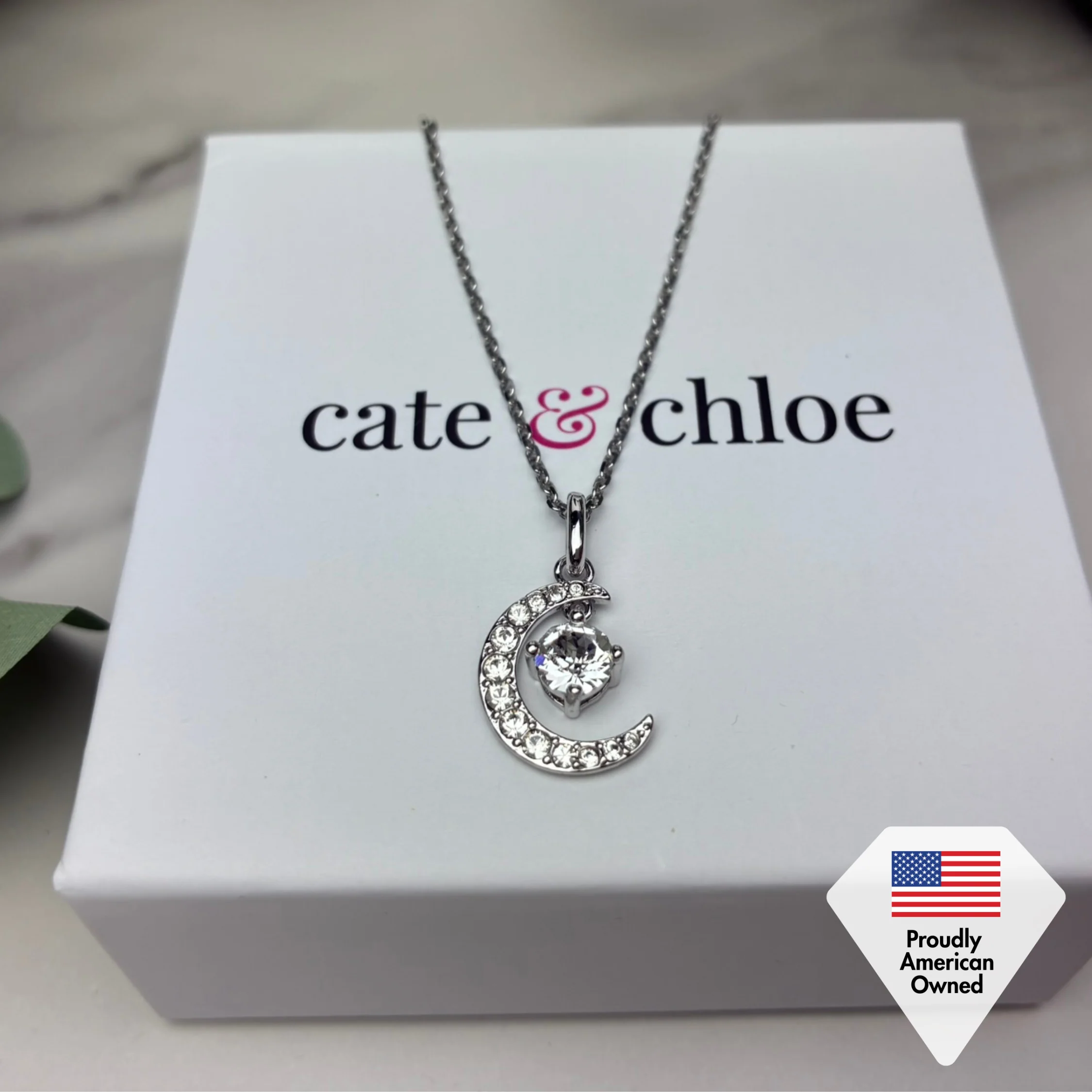 Luna Birthstone Necklace 18k White Gold Plated Crescent Pendant Necklace with Round Cut Swarovski Crystals - Image 6