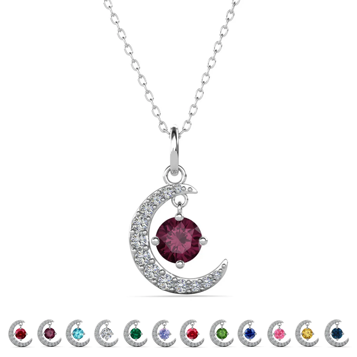Luna Birthstone Necklace 18k White Gold Plated Crescent Pendant Necklace with Round Cut Swarovski Crystals - Image 8