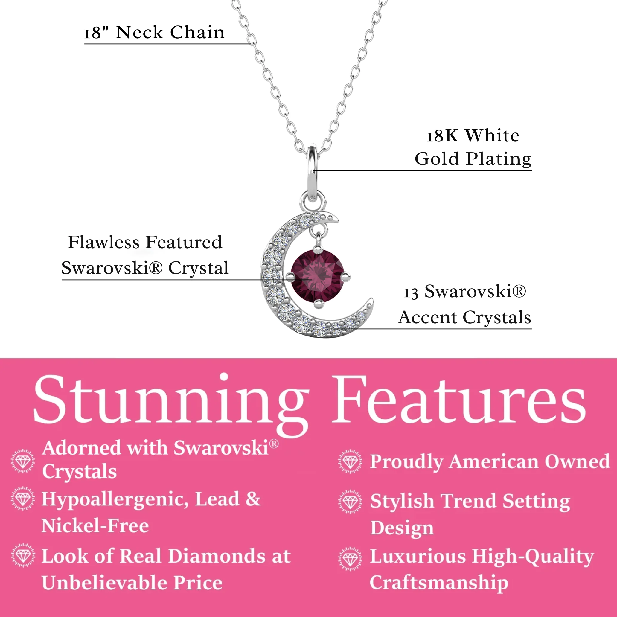 Luna Birthstone Necklace 18k White Gold Plated Crescent Pendant Necklace with Round Cut Swarovski Crystals - Image 9