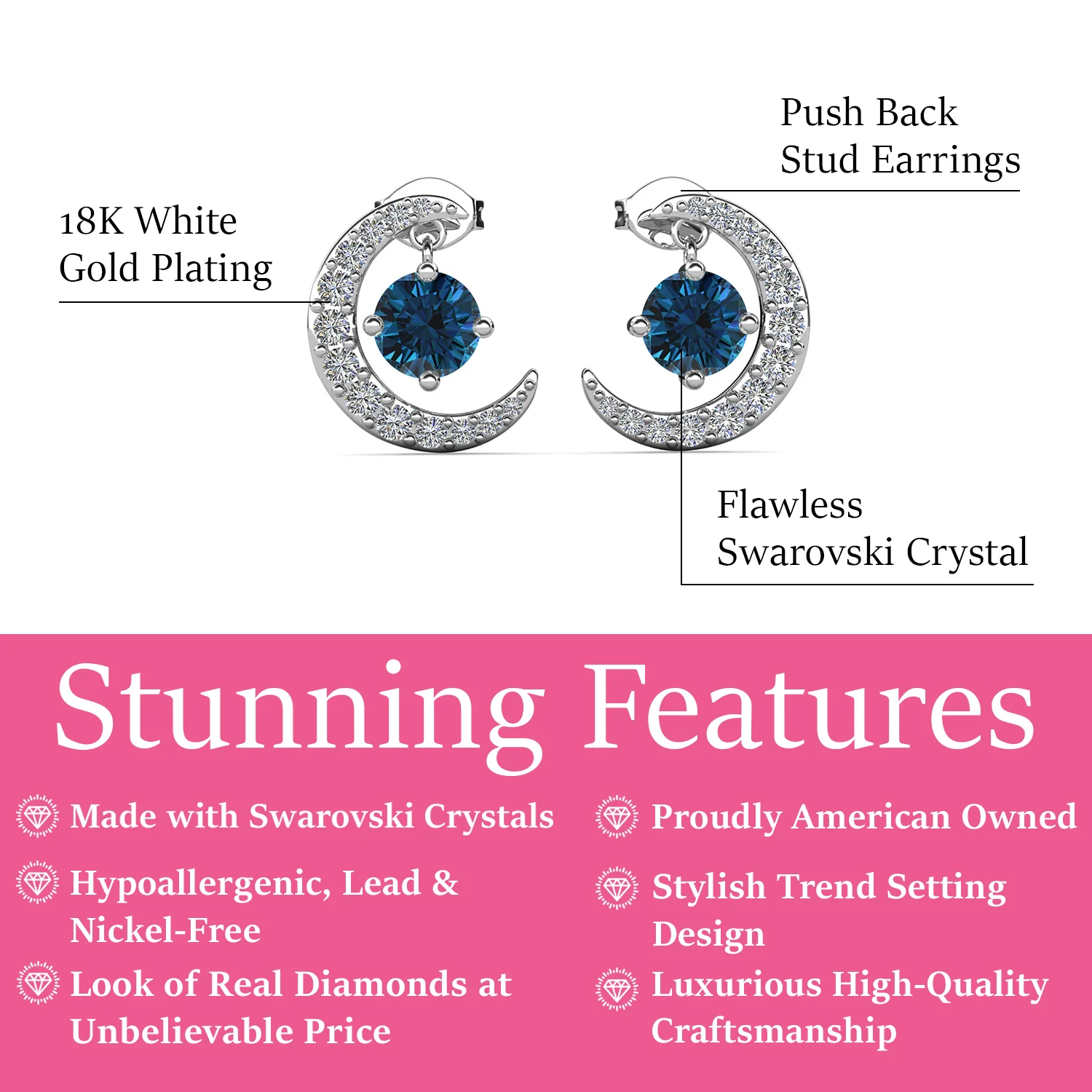 Luna December Birthstone Blue Topaz 18k White Gold Plated Crescent Stud Earrings with Round Cut Swarovski Crystals - Image 3