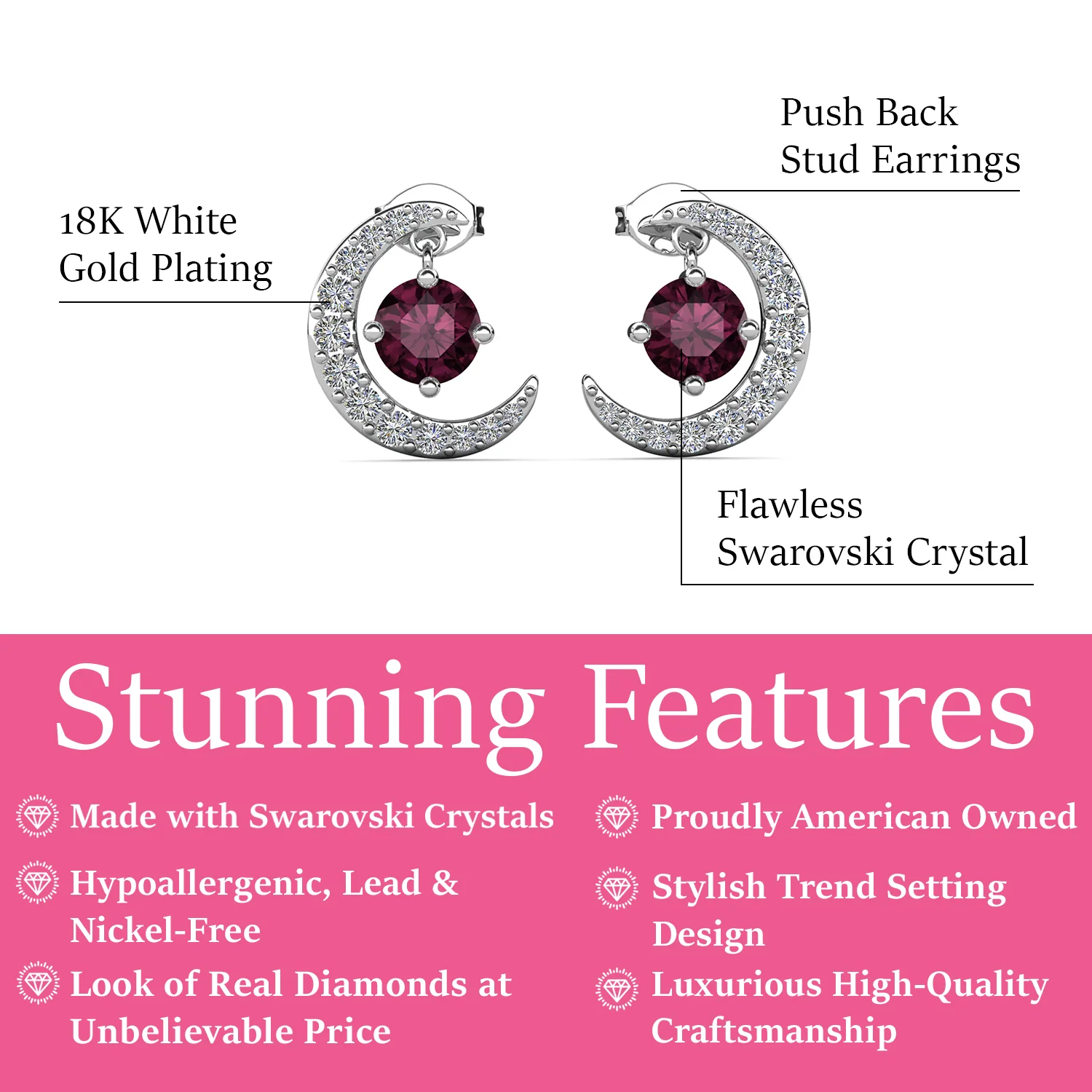 Luna February Birthstone Amethyst Earrings 18k White Gold Plated Crescent Stud Earrings with Round Cut Swarovski Crystals - Image 3