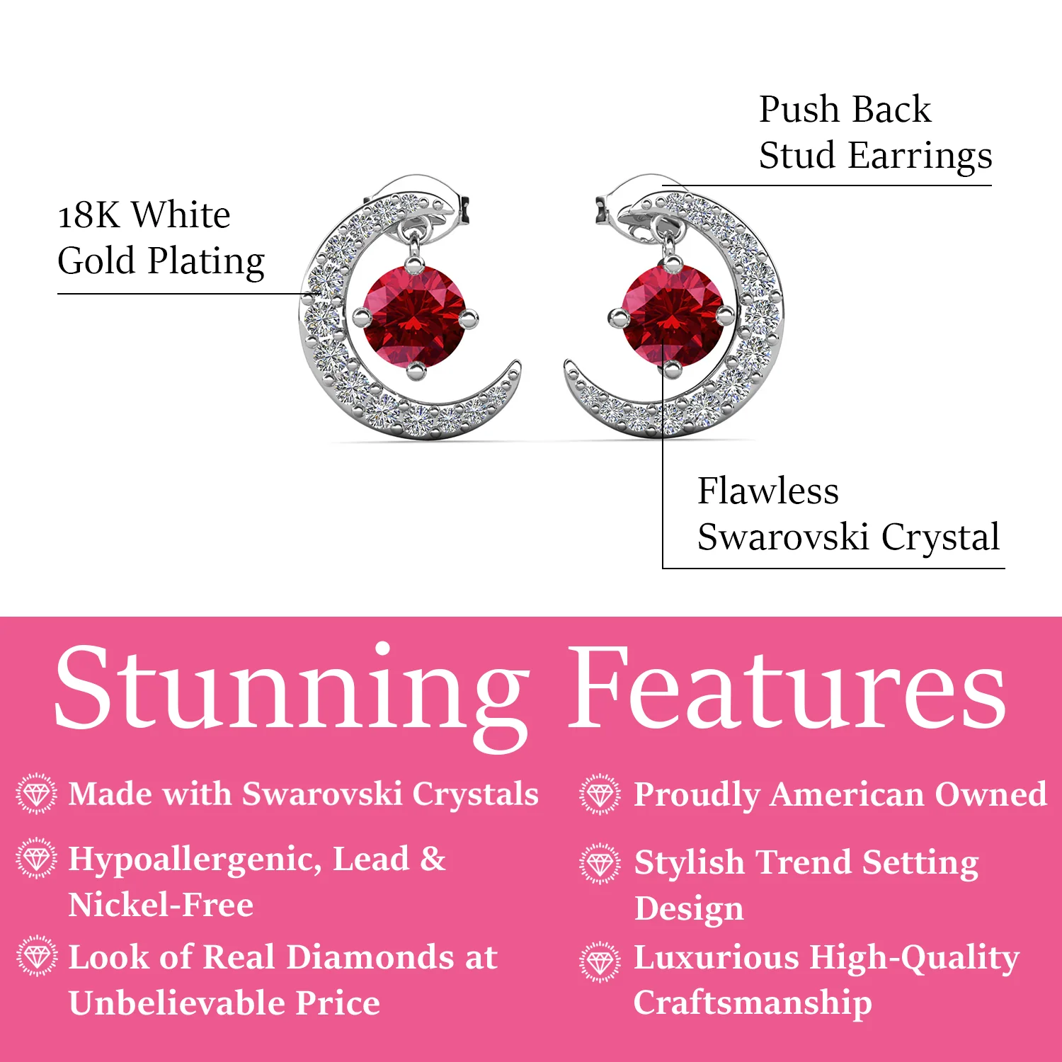 Luna January Birthstone Garnet Earrings 18k White Gold Plated Crescent Stud Earrings with Round Cut Swarovski Crystals - Image 3