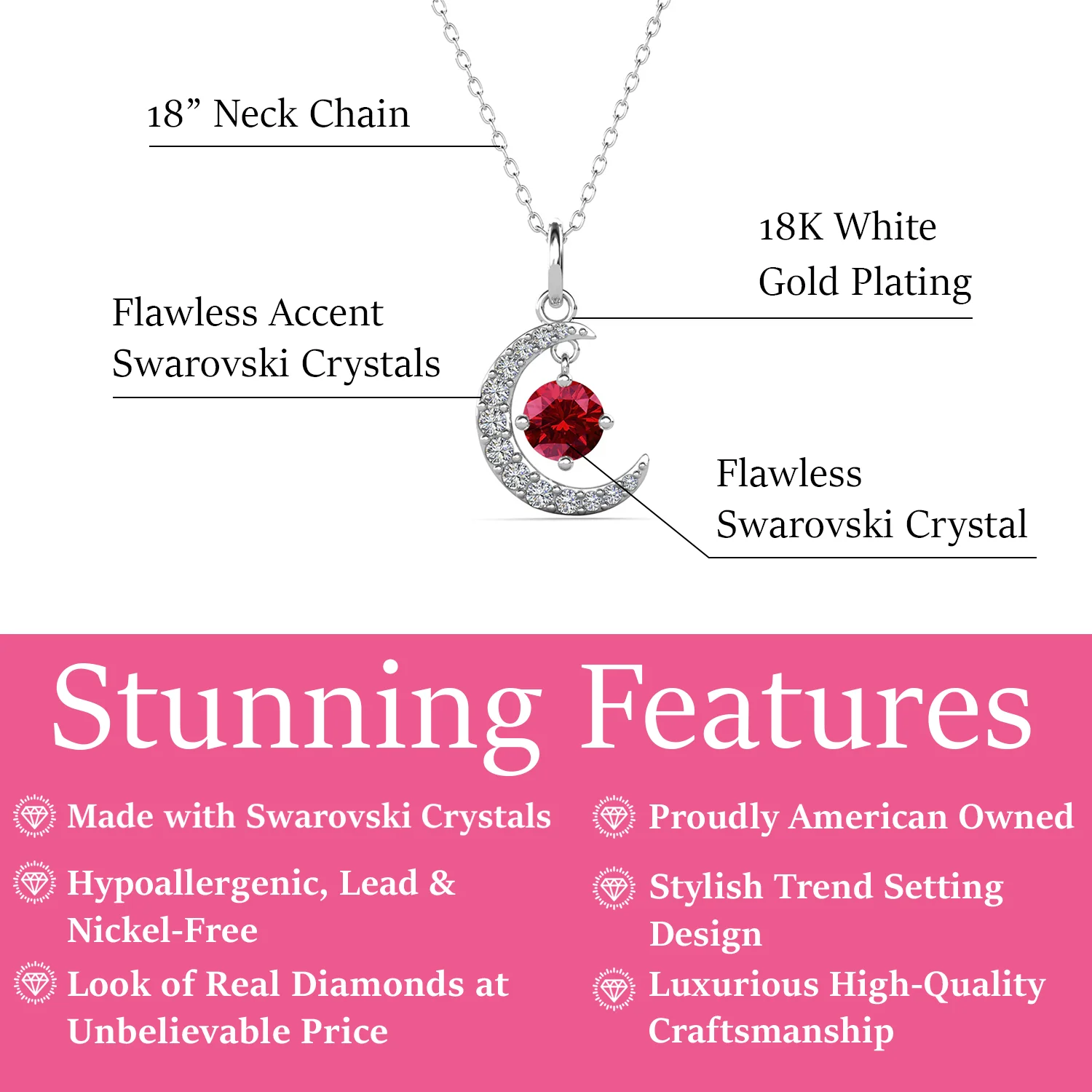 Luna January Birthstone Garnet Necklace 18k White Gold Plated Crescent Pendant Necklace with Round Cut Swarovski Crystals - Image 3