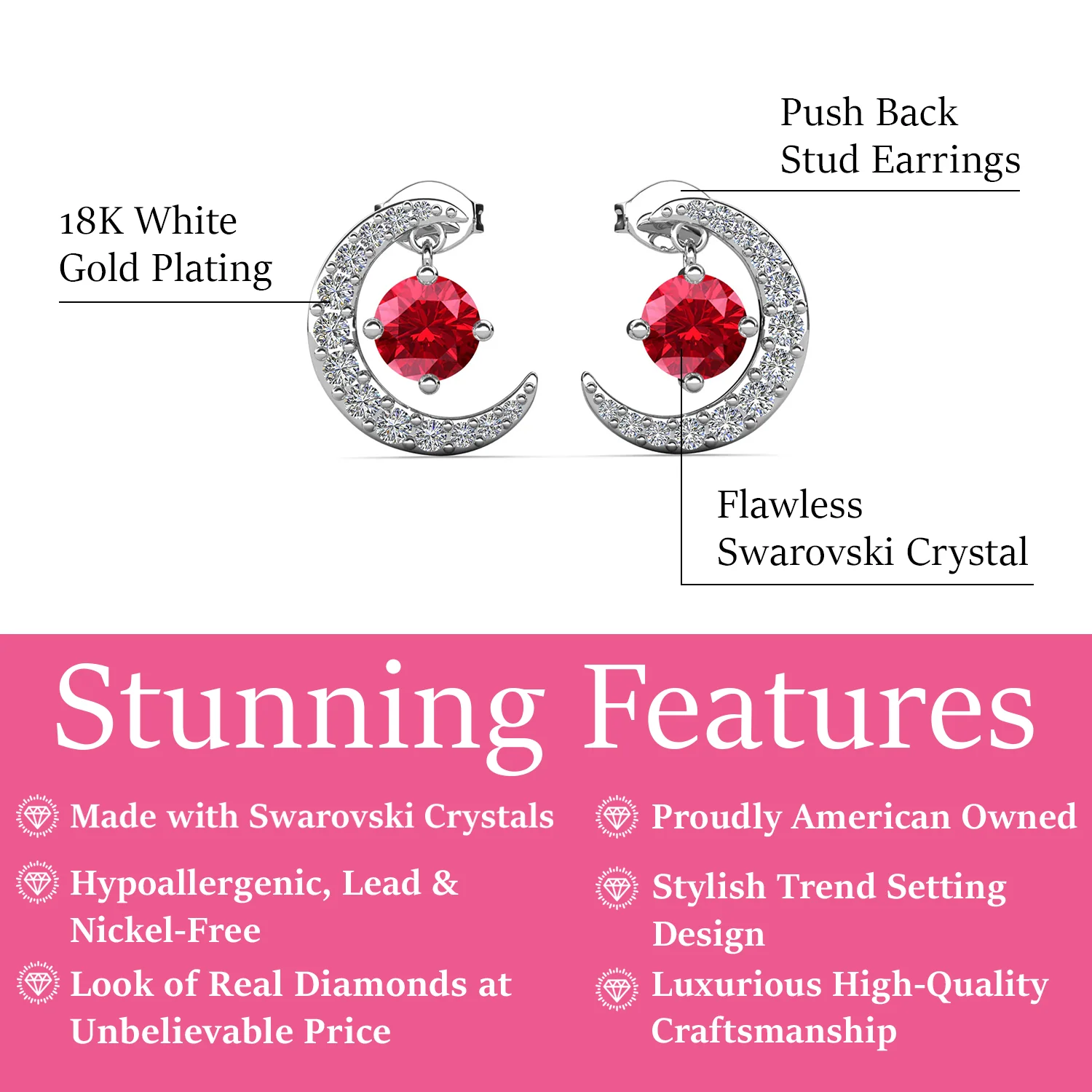 Luna July Birthstone Ruby Earrings 18k White Gold Plated Crescent Stud Earrings with Round Cut Swarovski Crystals - Image 3