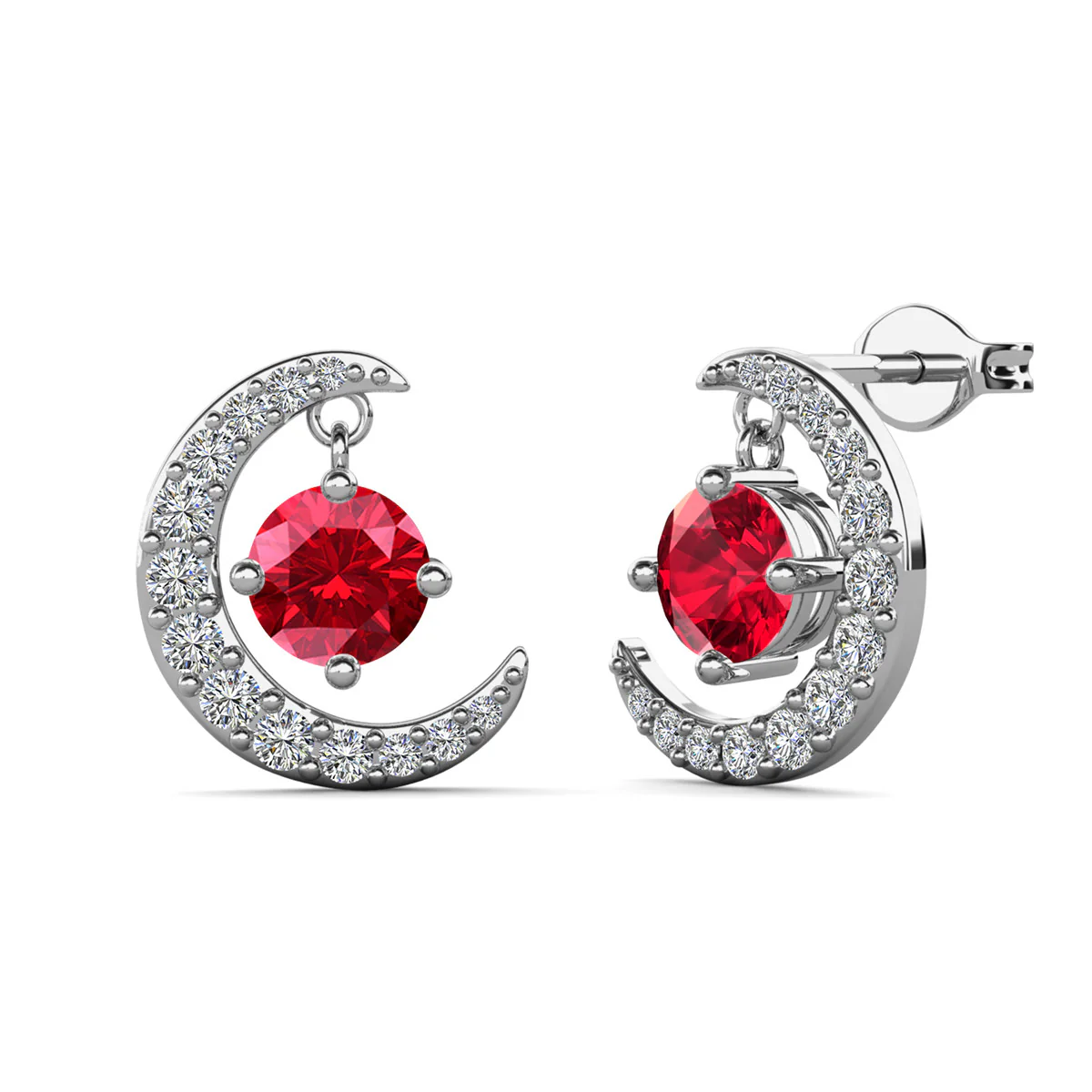Luna July Birthstone Ruby Earrings 18k White Gold Plated Crescent Stud Earrings with Round Cut Swarovski Crystals - Image 6